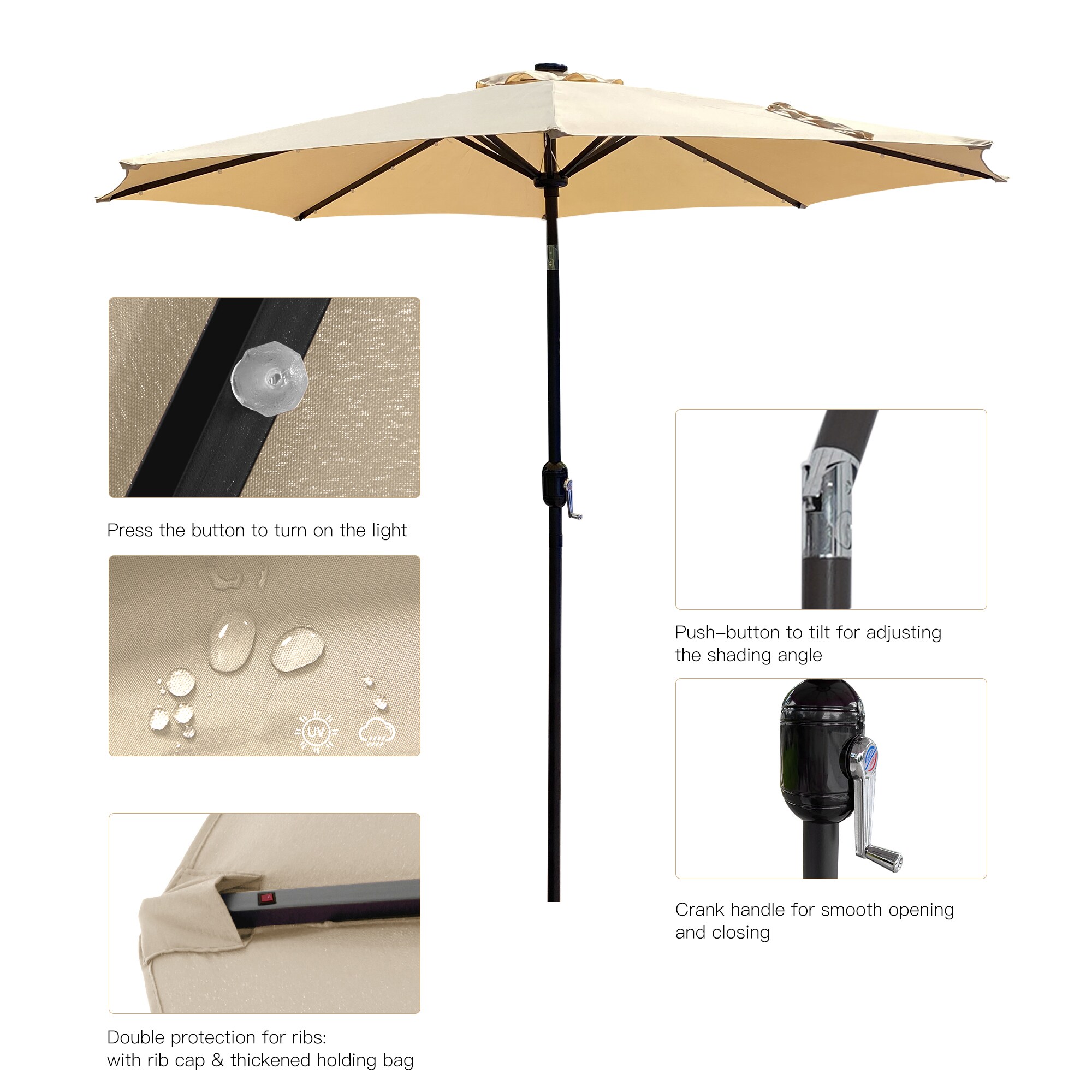 Clihome 9-ft Beige Solar Powered Push-button Tilt Market Patio Umbrella ...