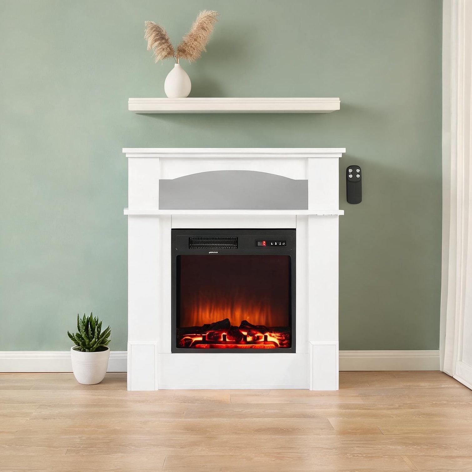 SunJet Elegant 33-inch Freestanding Electric Fireplace Stove with Mantel Classic Black Finish Remote Operation #95JCXNPKGGUD