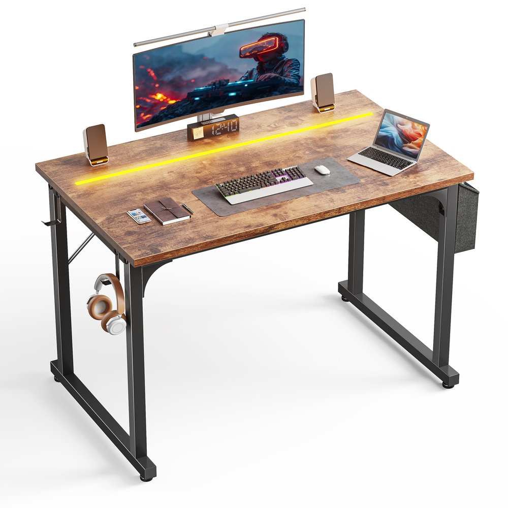 Raybee 39.4-in W Carbon Fiber Computer Desk with Waterproof LED Lights Gaming Desk with Headphone Hook and Side Pocket Home Office Writing Desk Brown