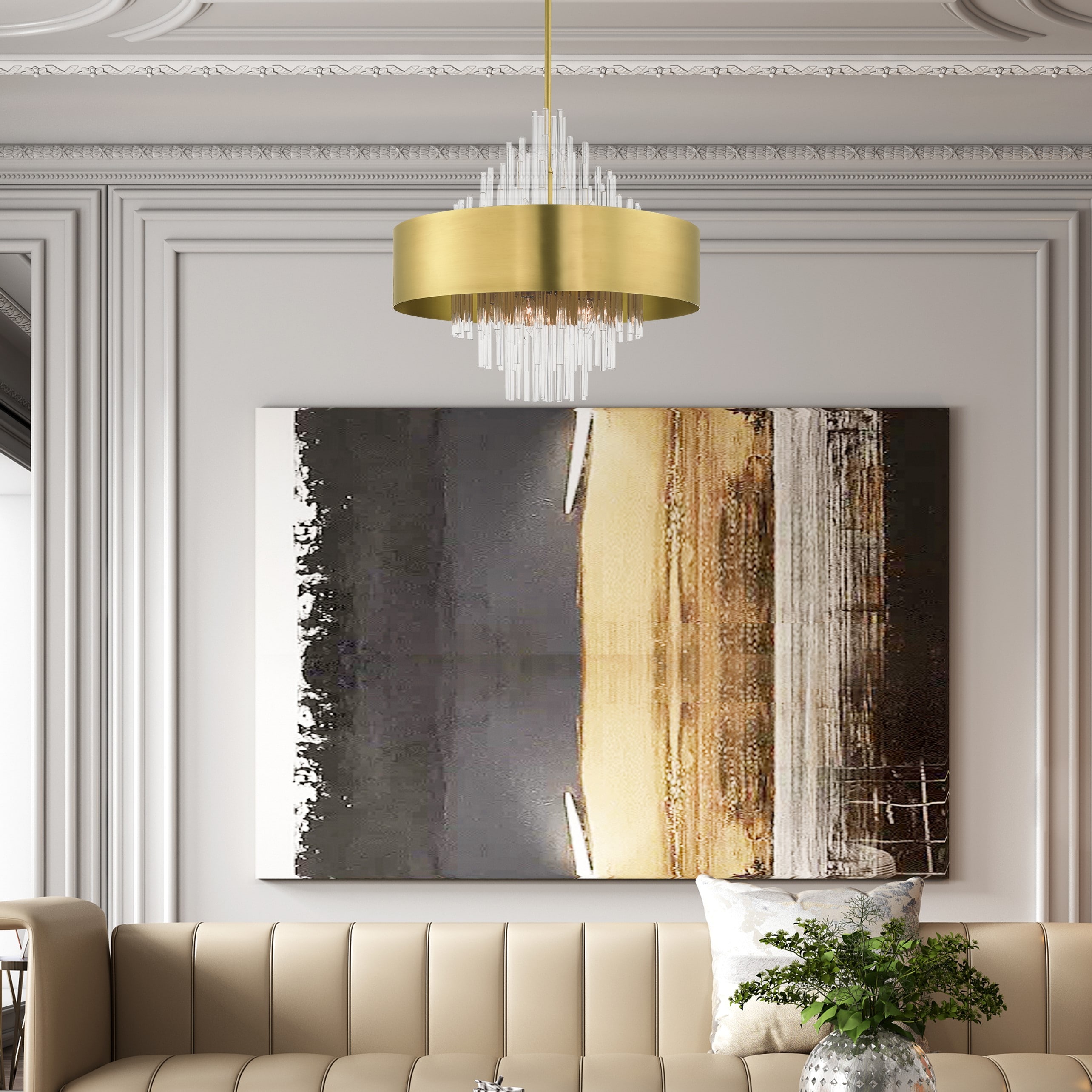 Natural Brass and Crystal 10-Light Drum Chandelier