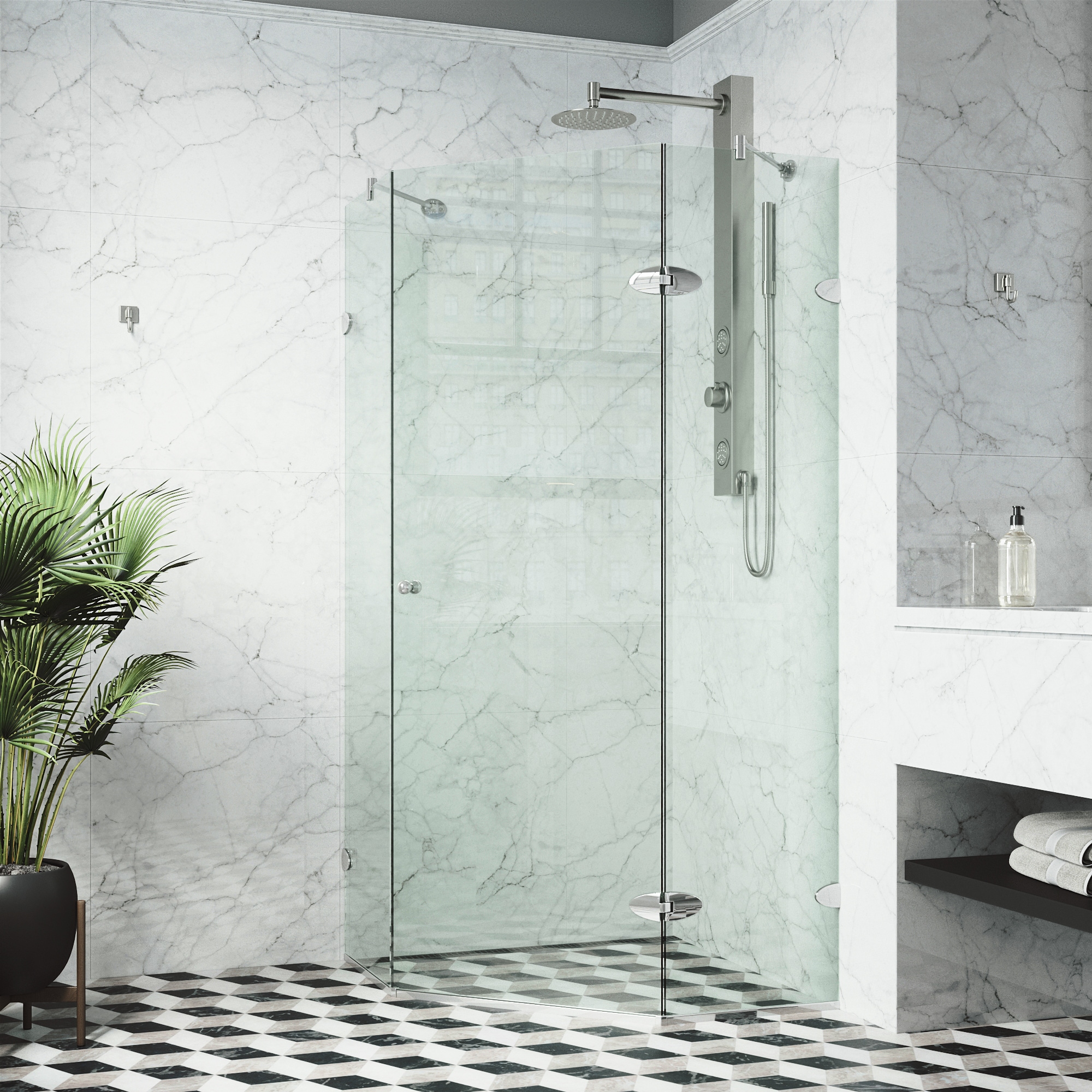 VIGO VG6061CHCL40 Verona Chrome 38-in W x 73-in H Frameless Corner Neo Angle Hinged Shower Door 3/8-in Thick Clear Glass