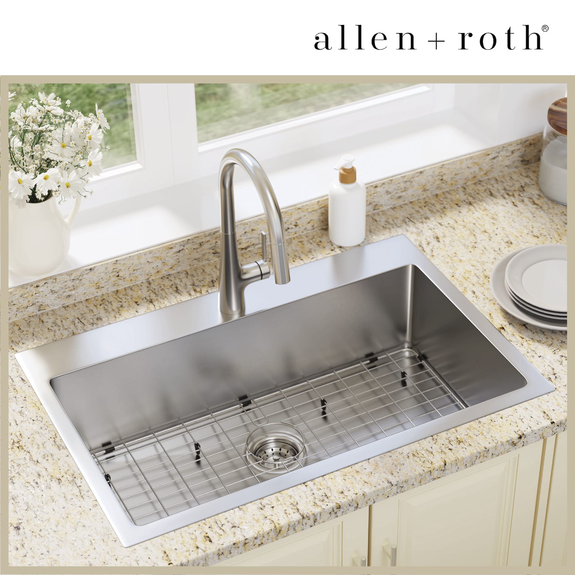 allen + roth FSDR3322A19-LF Alden Drop-in or undermount 33-in x 22-in Stainless steel Single bowl 18 -Gauge Kitchen Sink All-in-One Kit