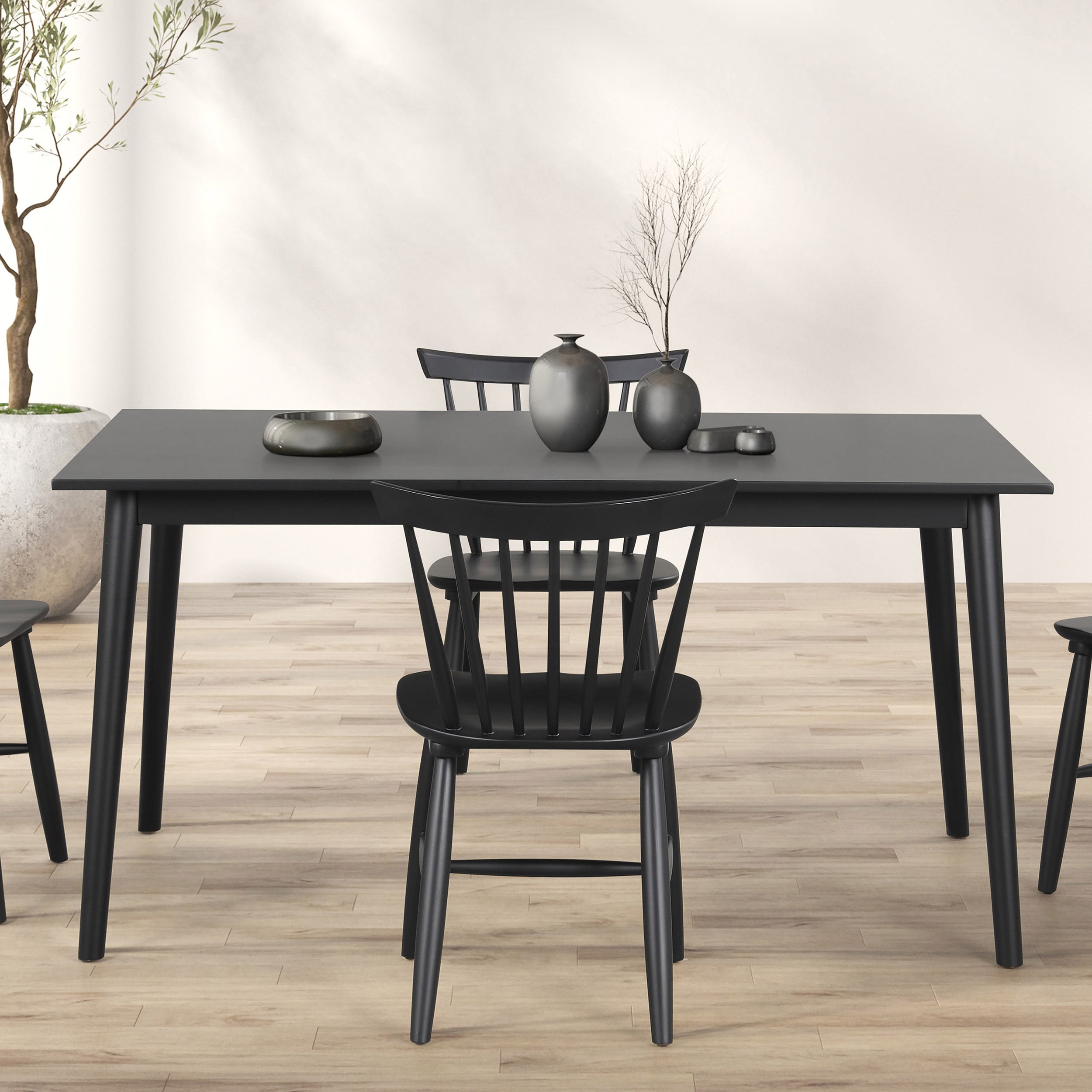 Black Solid Wood 60-Inch Rectangular Mid-Century Modern Dining Table