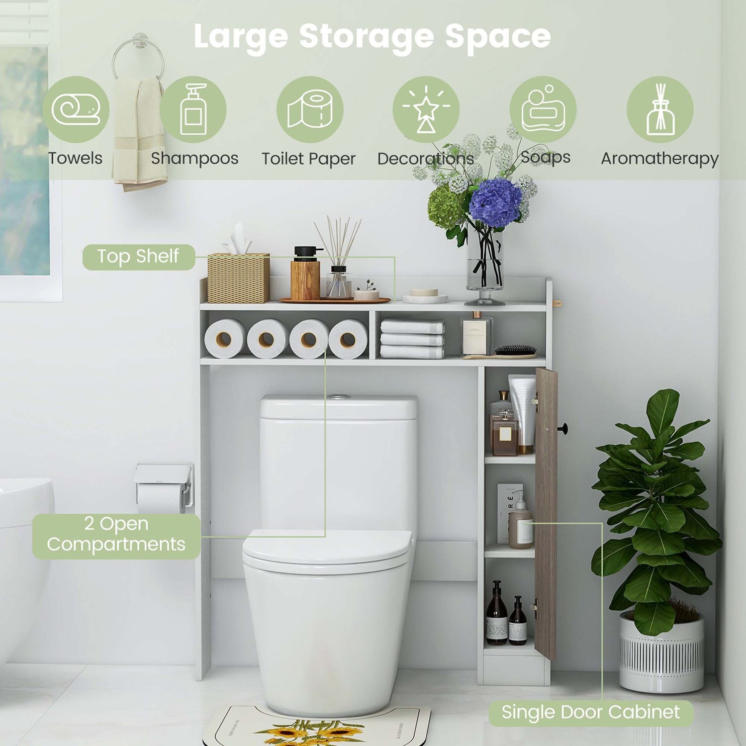 Costway  Over the Toilet Bathroom Cabinet Floor Storage Organizer with Adjustable Shelves White