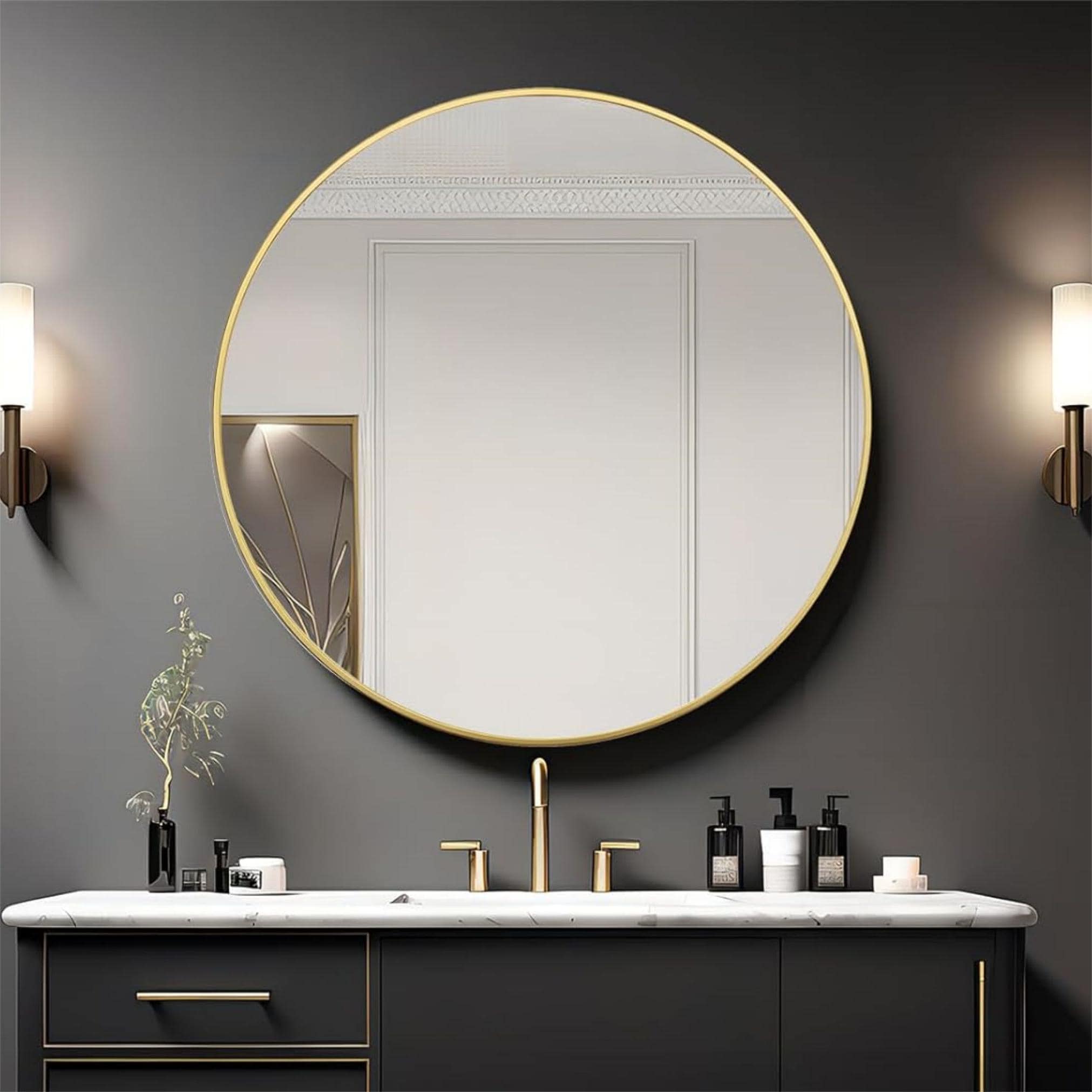 WELLFOR GIZBRX04Q MZ 42-in x 42-in Framed Round Bathroom Vanity Mirror ( Gold )