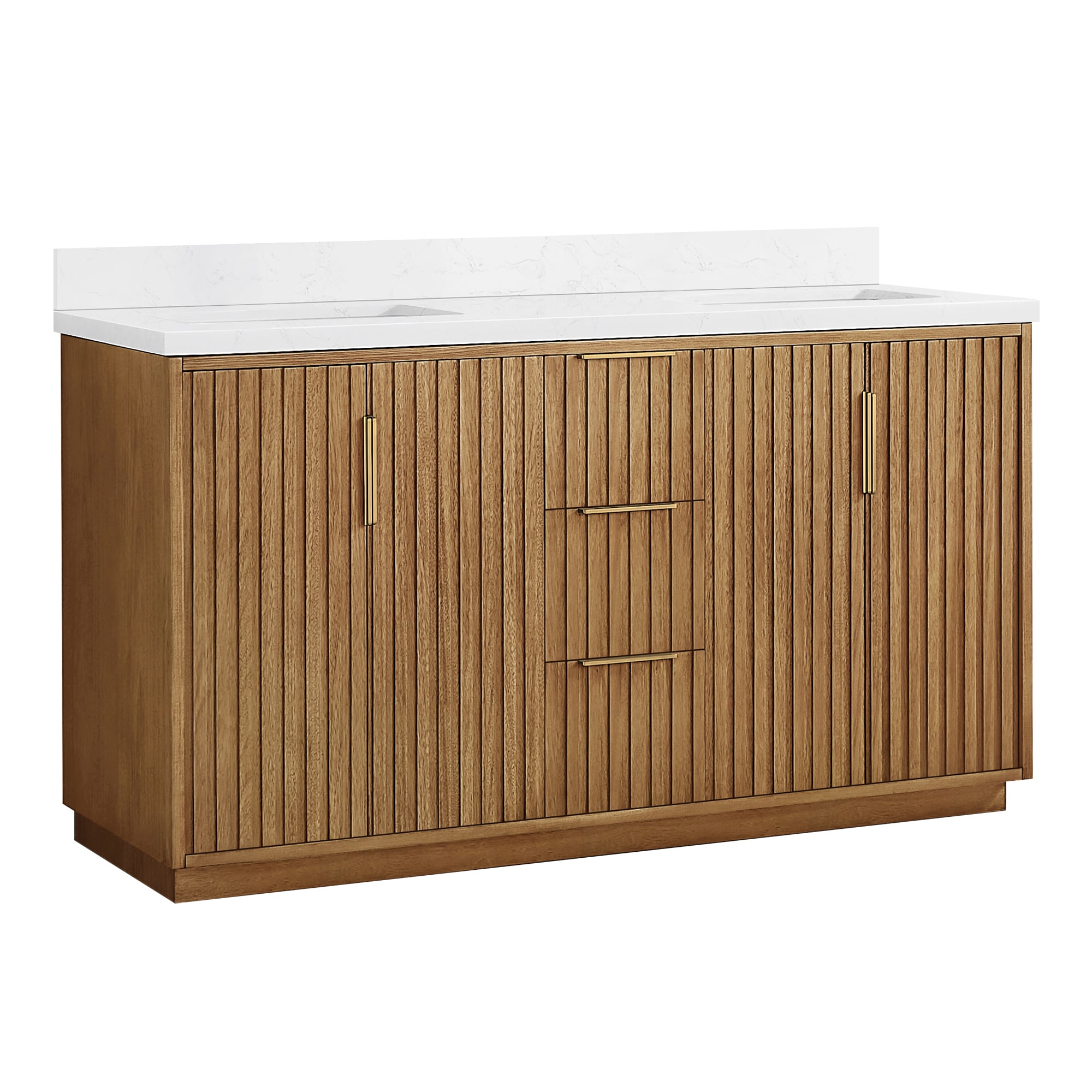 Vinnova 22-in Mango Wood Light Brown Finish Undermount Double Sink Bathroom Vanity with White Grain Engineered Stone Top