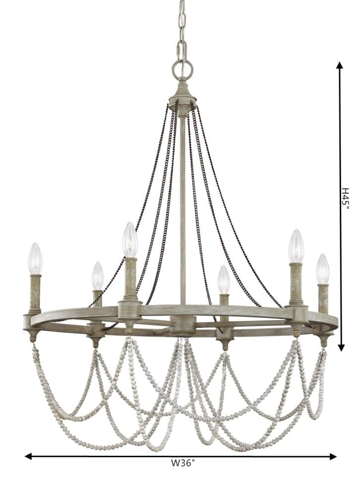 Beverly 28" French Washed Oak & Distressed White 6-Light Chandelier