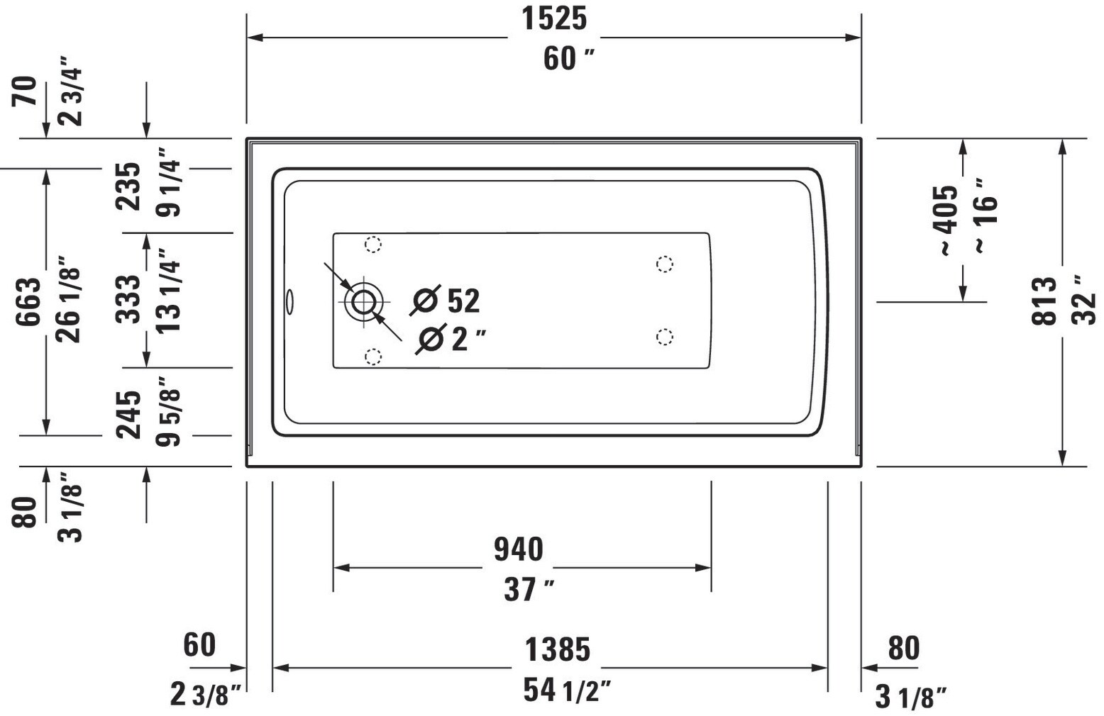Duravit 60" White Acrylic Alcove Soaking Bathtub