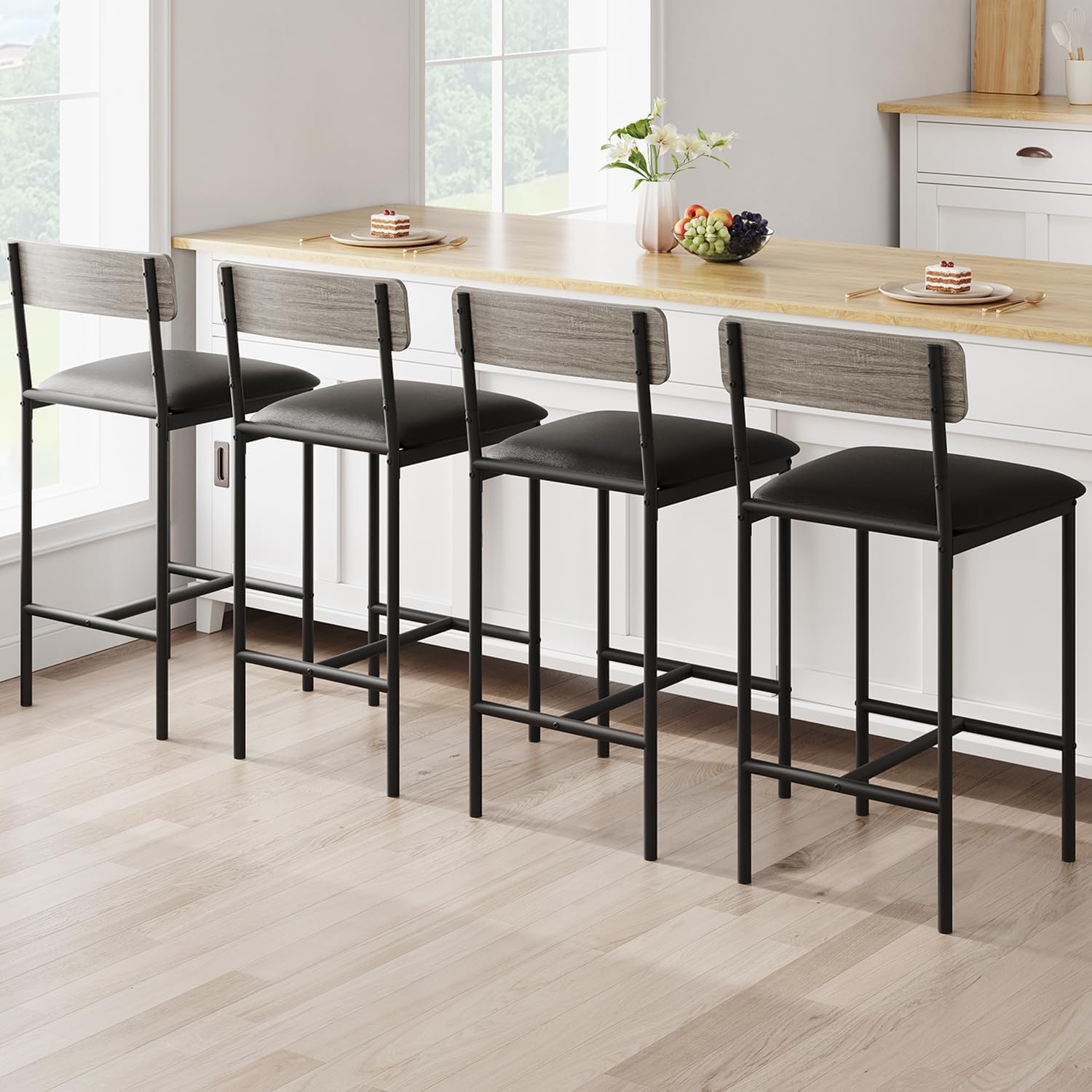 Qeetex LHF-YZ-PHO-0YDDCK64 Bar Stools Set of 4 - Kitchen Bar Stools with Footrest - PU Upholstered Counter Height Barstools - Bar Chairs with Back for Kitchen Island/Apartment/Counter Bar - Easy Assembly - Gray