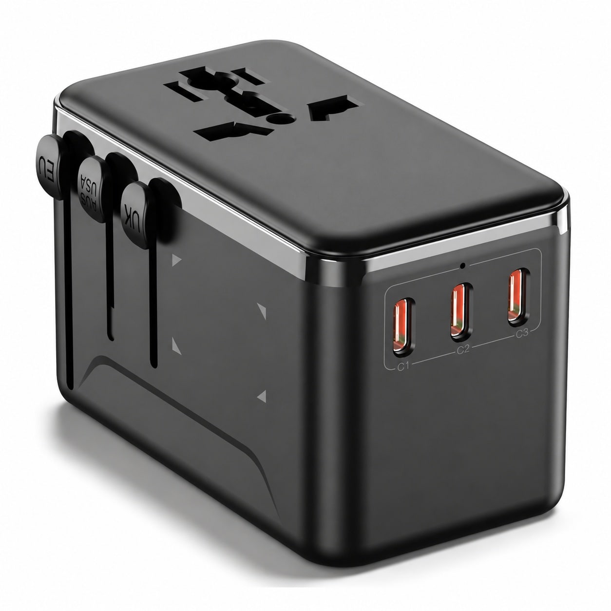 JVFCXXV  140W Max GaN Universal Travel Adapter 3 USB C 1 USB A 2500W AC Outlet International Power Adapter for EU UK US AU 200 Countries Fast