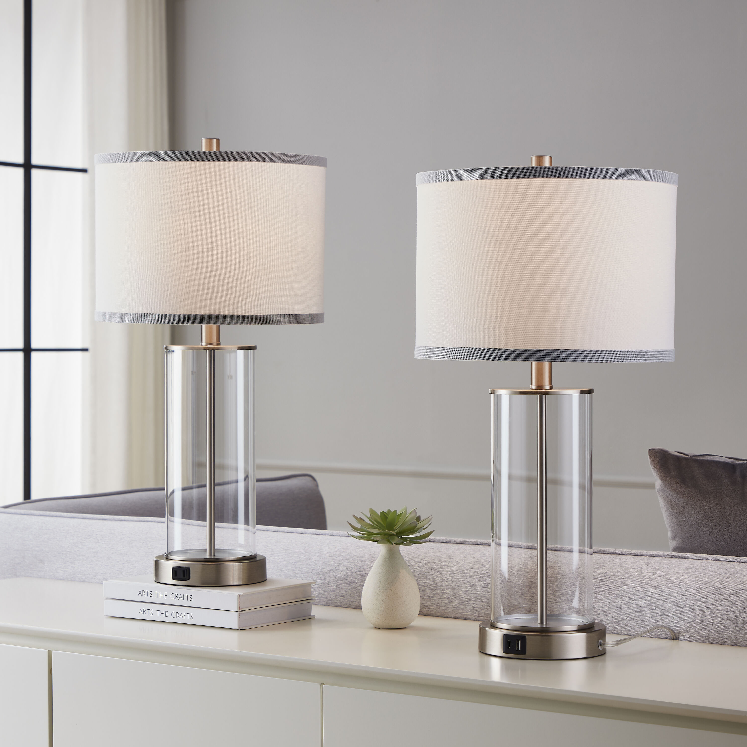 KAWOTI 21272 Quinita 23-in Brushed Nickel LED Touch Table Lamp with Linen Shade 2 -Set