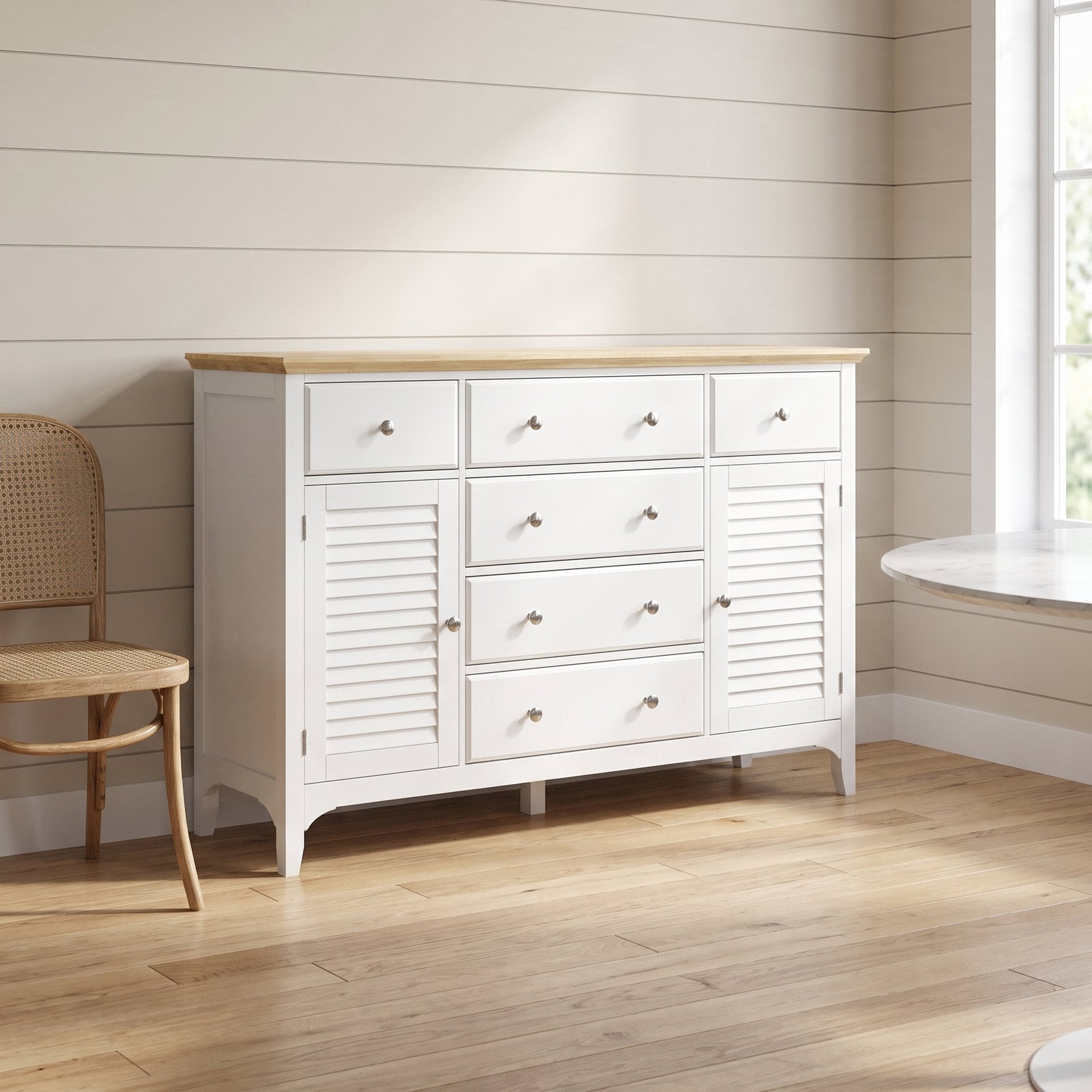 SunJet Sideboard Buffet Cabinet with 6 Drawers Louver Door Cabinets and Rubber Wood Top Farmhouse Style for Dining Room White