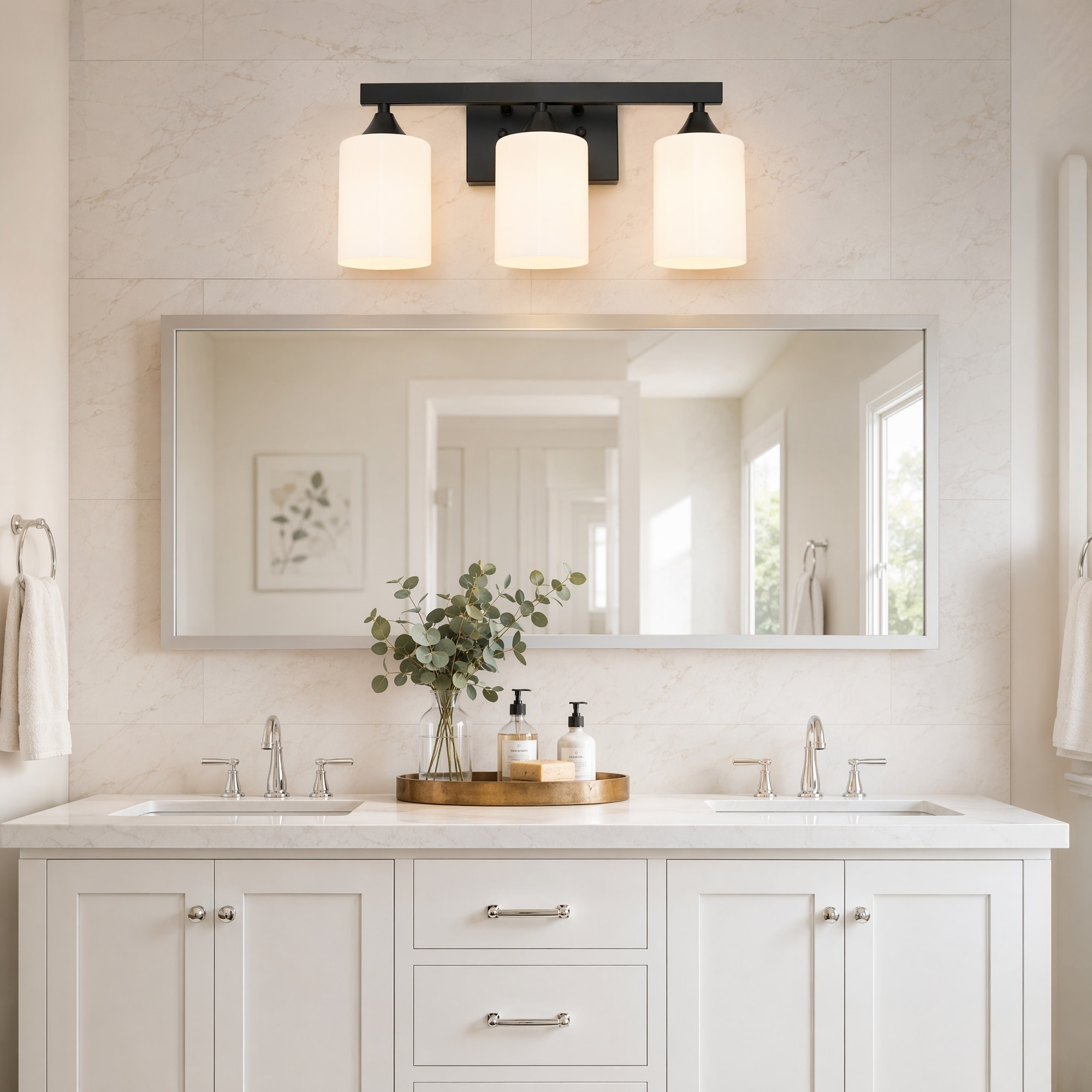 Vorene 3-Light Bathroom Vanity Light Frosted Glass Shade Reversible for Mirror Bedroom Black