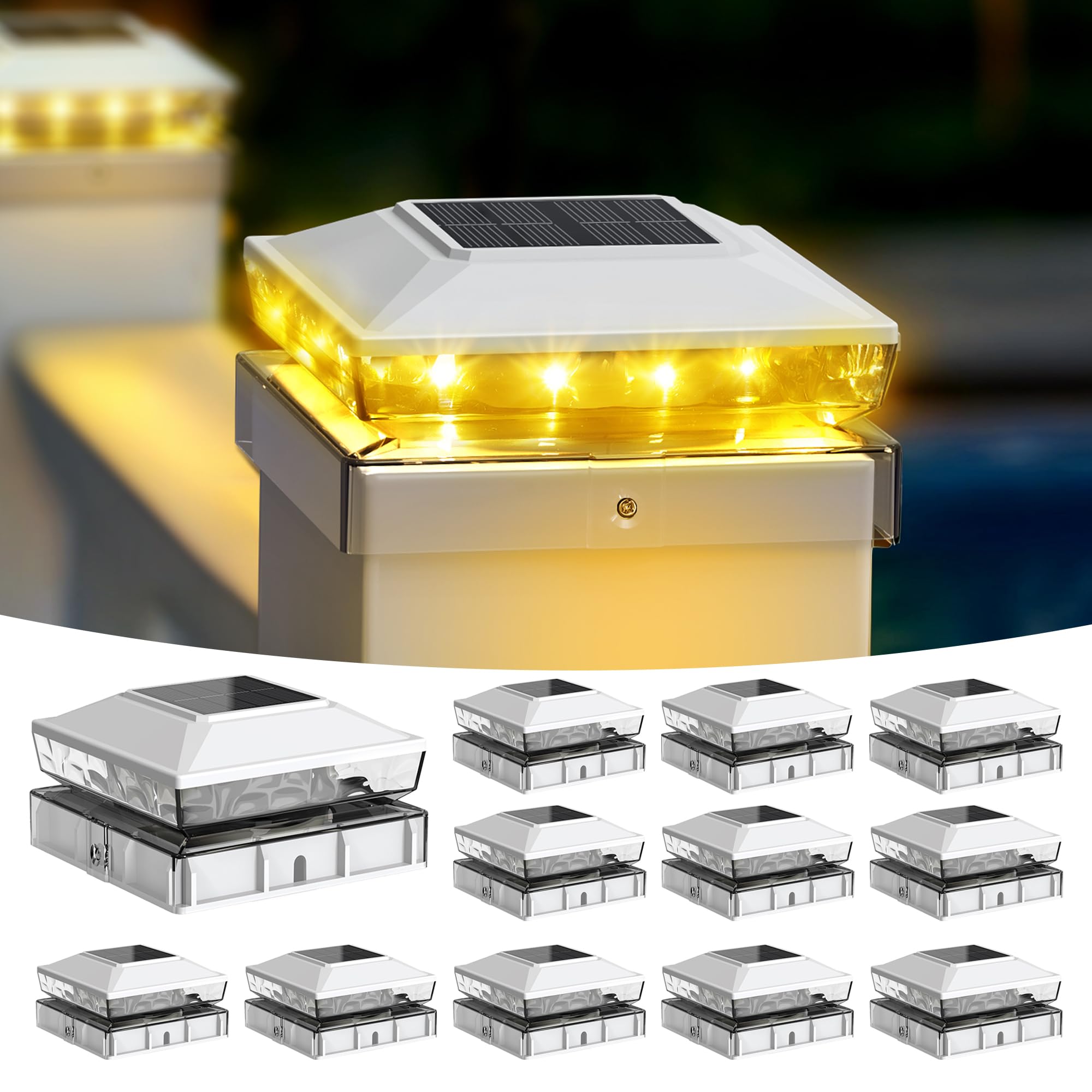 Anqtovp  12 Pack Solar Post Cap Lights Outdoor Deck Fence Lights Fit 3.5x3.5 4x4 5x5 Wood Vinyl Posts IP65 Waterproof Warm White Glow