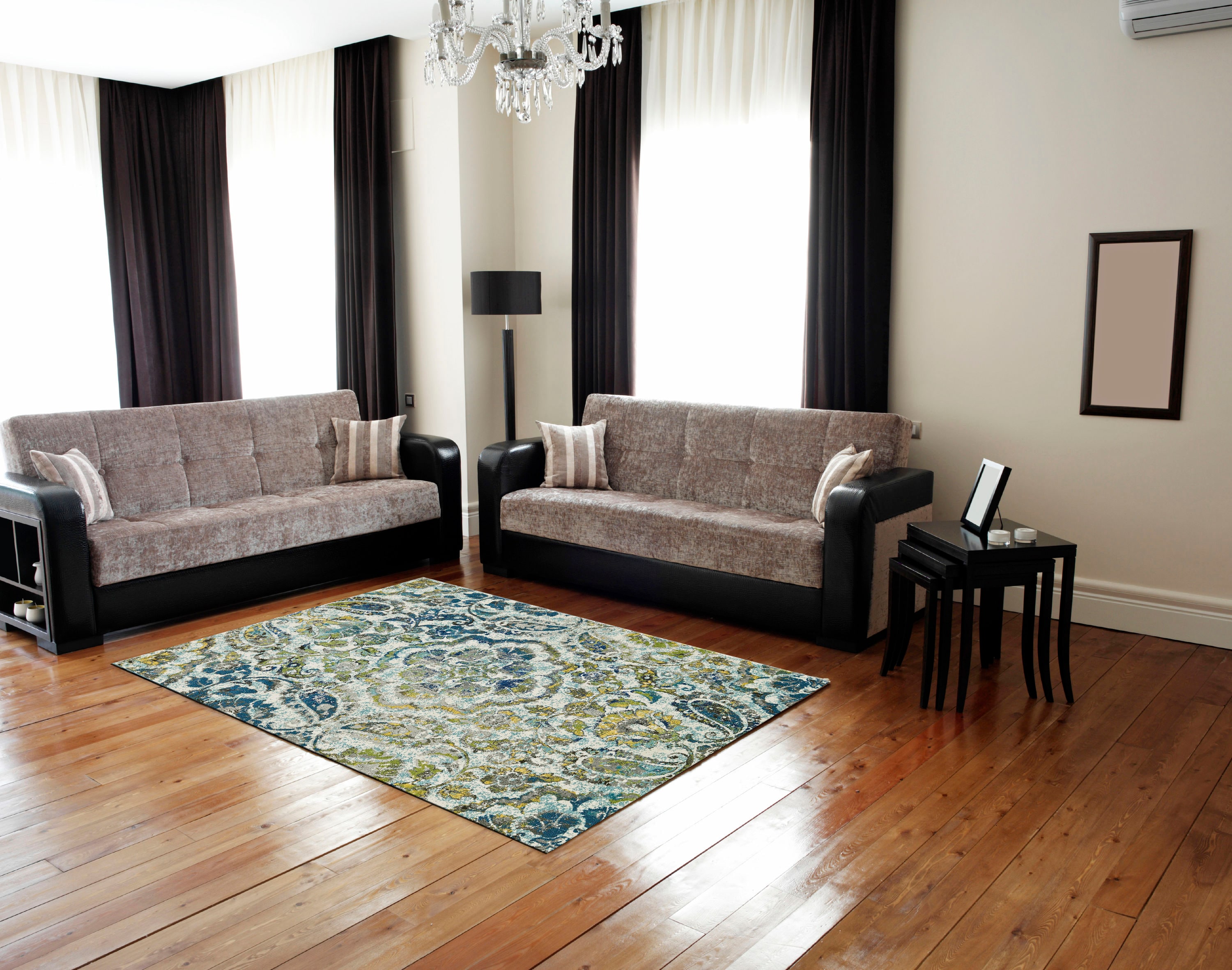 Room Envy 616R3607AZR000G99 Omari 8 x 11 (ft) Loomed Polypropylene Ivory/Teal Blue Rectangular Indoor Abstract Mid-Century Modern Area rug