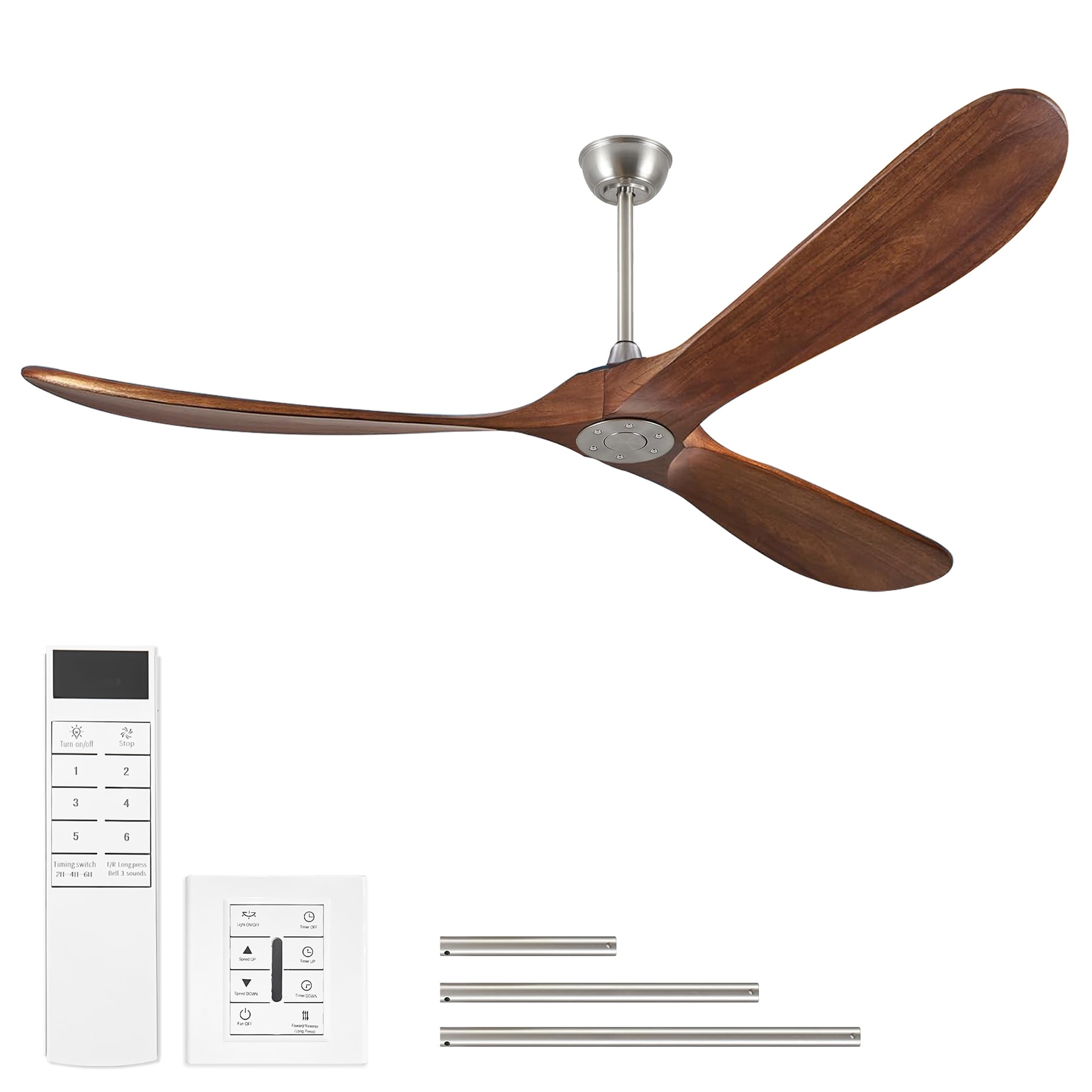 SINOFURN 72-in Nickel + Brown Ceiling Fan Without Light and Remote Control Included