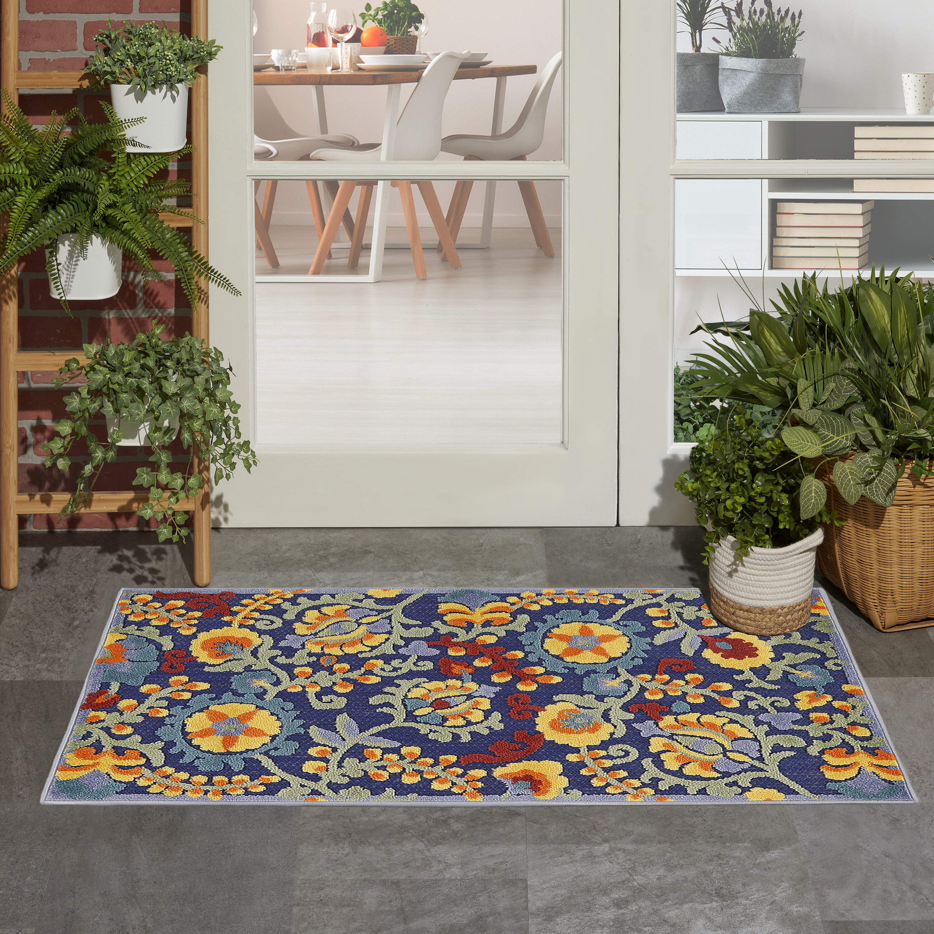 Nourison Home 099446921284 3 x 4 (ft) Loomed Polypropylene Navy Multicolor Rectangular Indoor/Outdoor Floral/Botanical Tropical Area rug