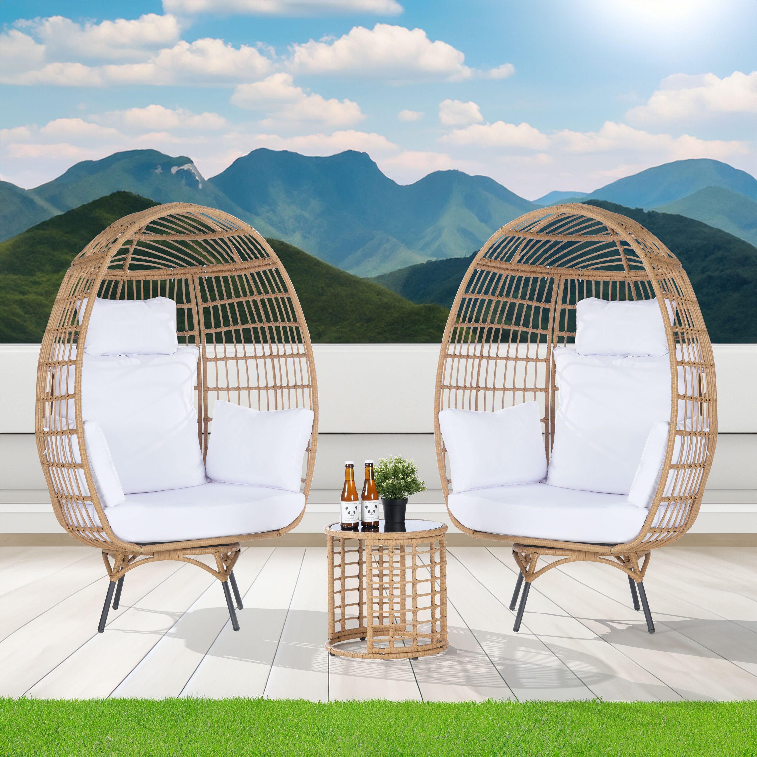 SANSTAR L-RJDC52WT-3P 3 -Piece Wicker Patio Conversation Set with White Cushions