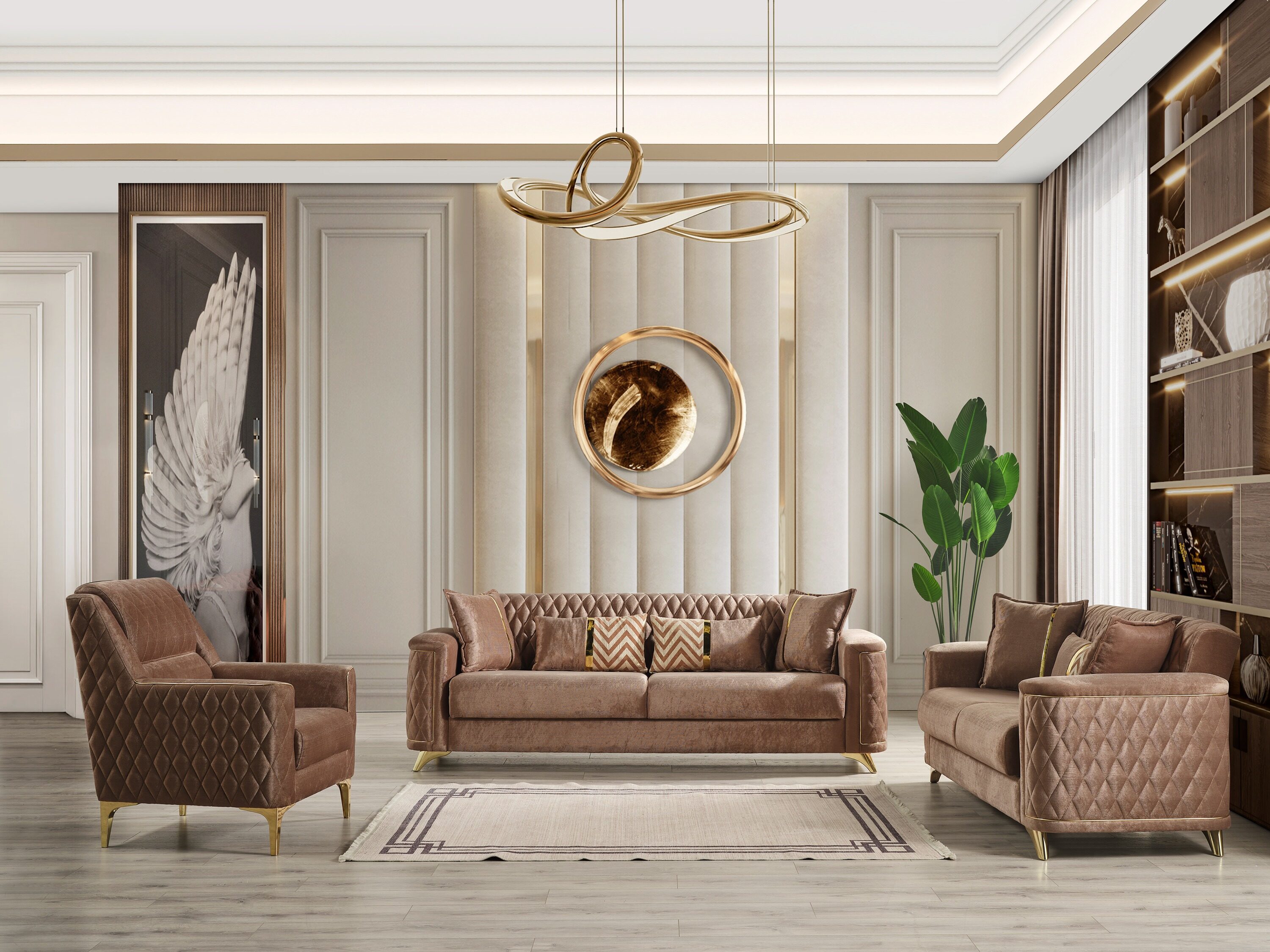 Galaxy 601955552042 Luna Modern 5 -Piece Velvet Copper Living Room Set