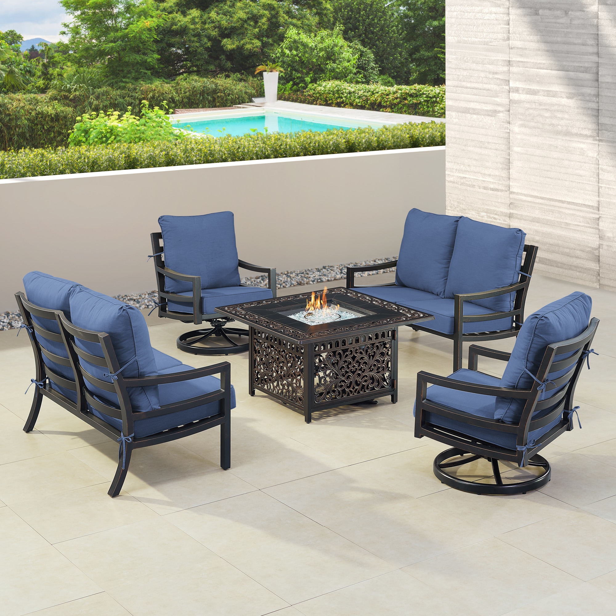 Oakland Living HUDSON2LS2CHMAYANBLC Fire Pit Table Set, Two Loveseats, Two Lounge Chairs and Wind Guard 18 -Piece Patio Conversation Set with Blue Cushions