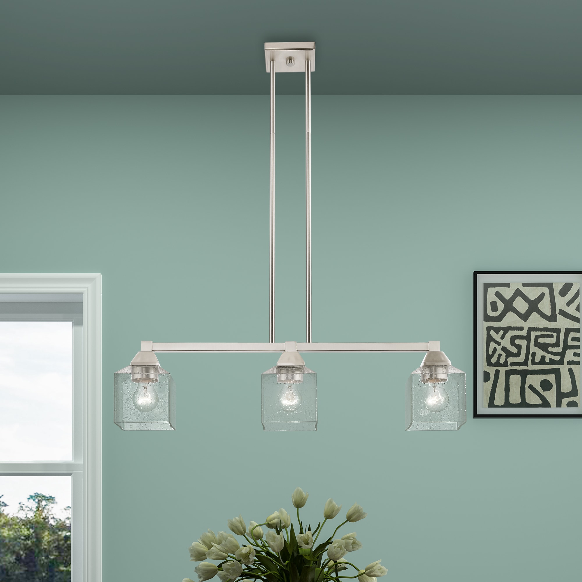 Aragon Brushed Nickel 3-Light Linear Chandelier with Clear Seeded Glass
