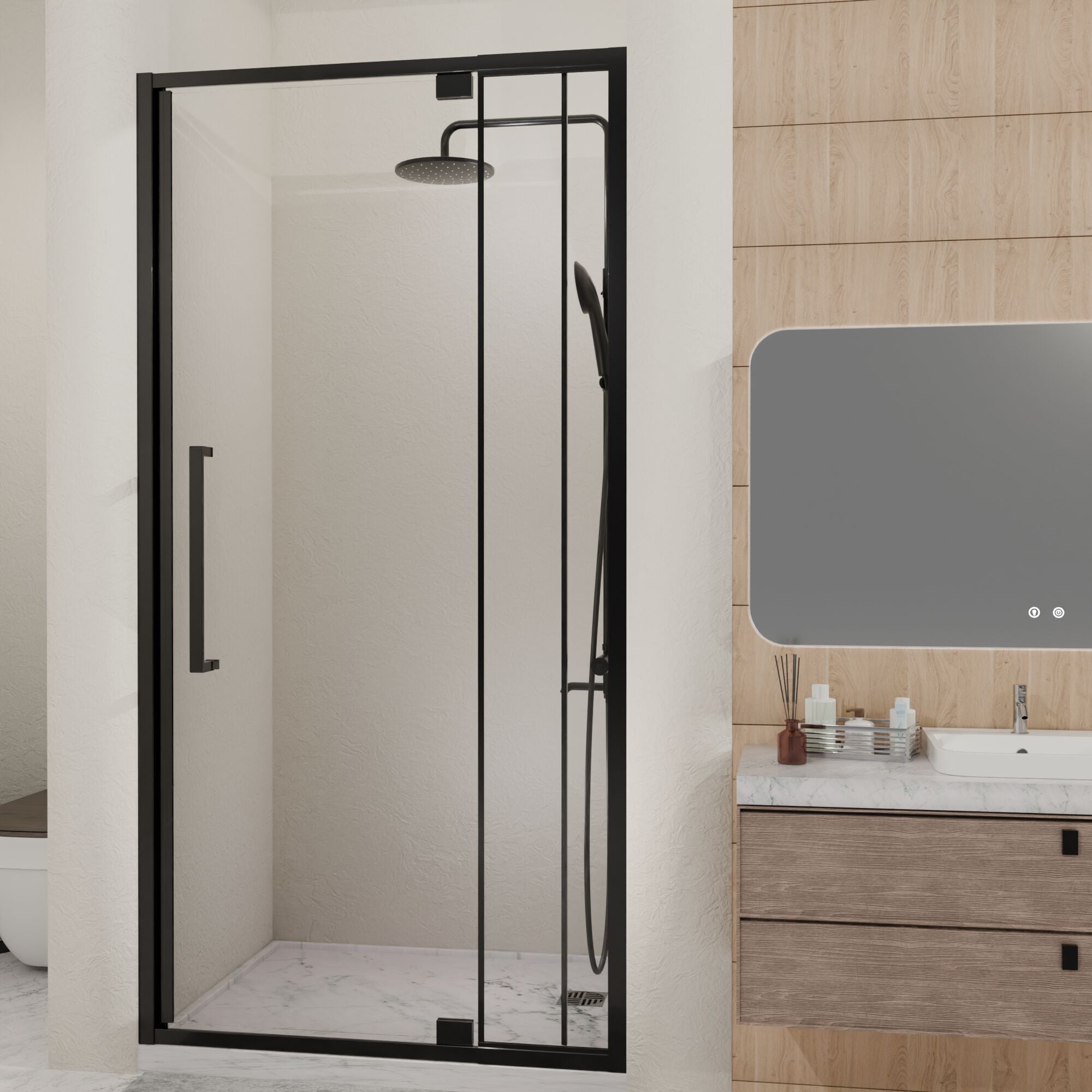 LOVMOR  Semi-Frameless Pivot Hinged Glass Shower Door 56-60 in. W x 72 in. H 1/4 in (6mm) Tempered Glass Matte Black Finish Black