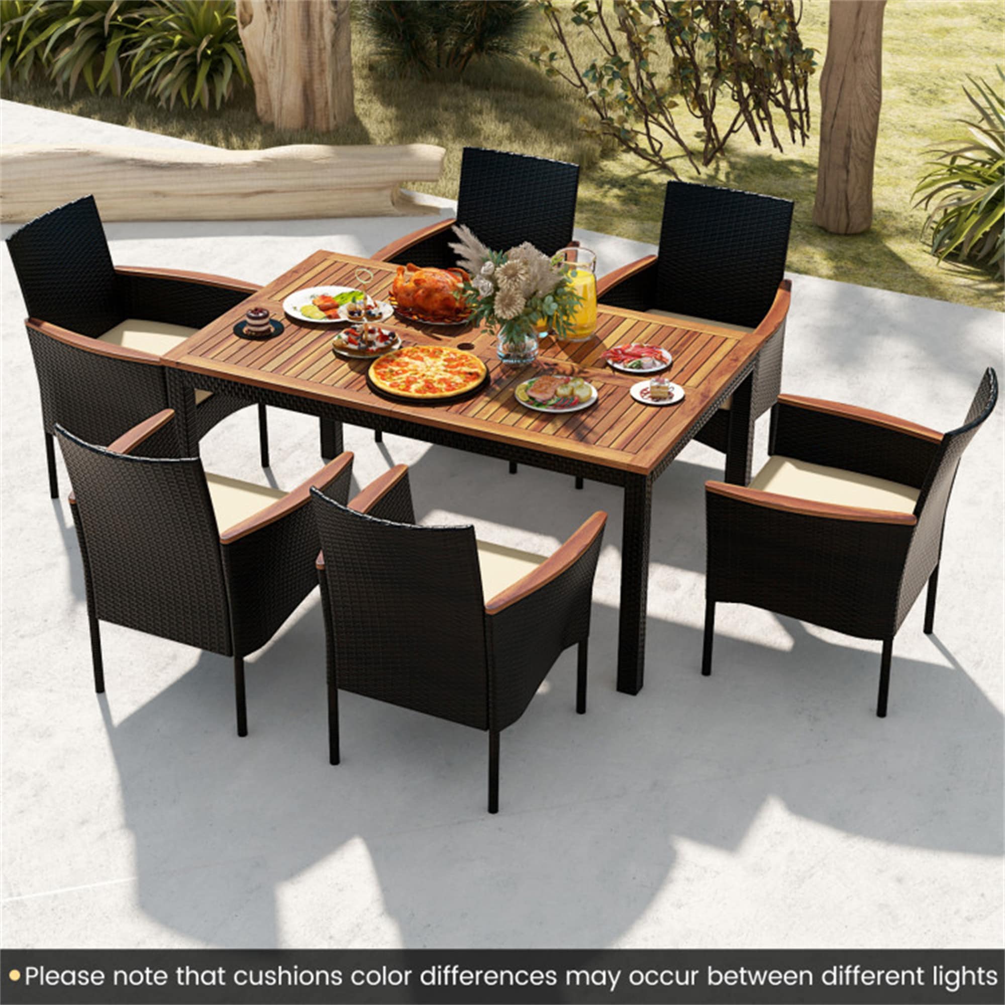 BABOOM BOM-1505BN+-CO Rattan Patio Dining Set 7 -Piece Mix Brown Rattan Patio Dining Set Wood Rectangle Table with 6 Off-white Cushions Stackable Stationary Chairs
