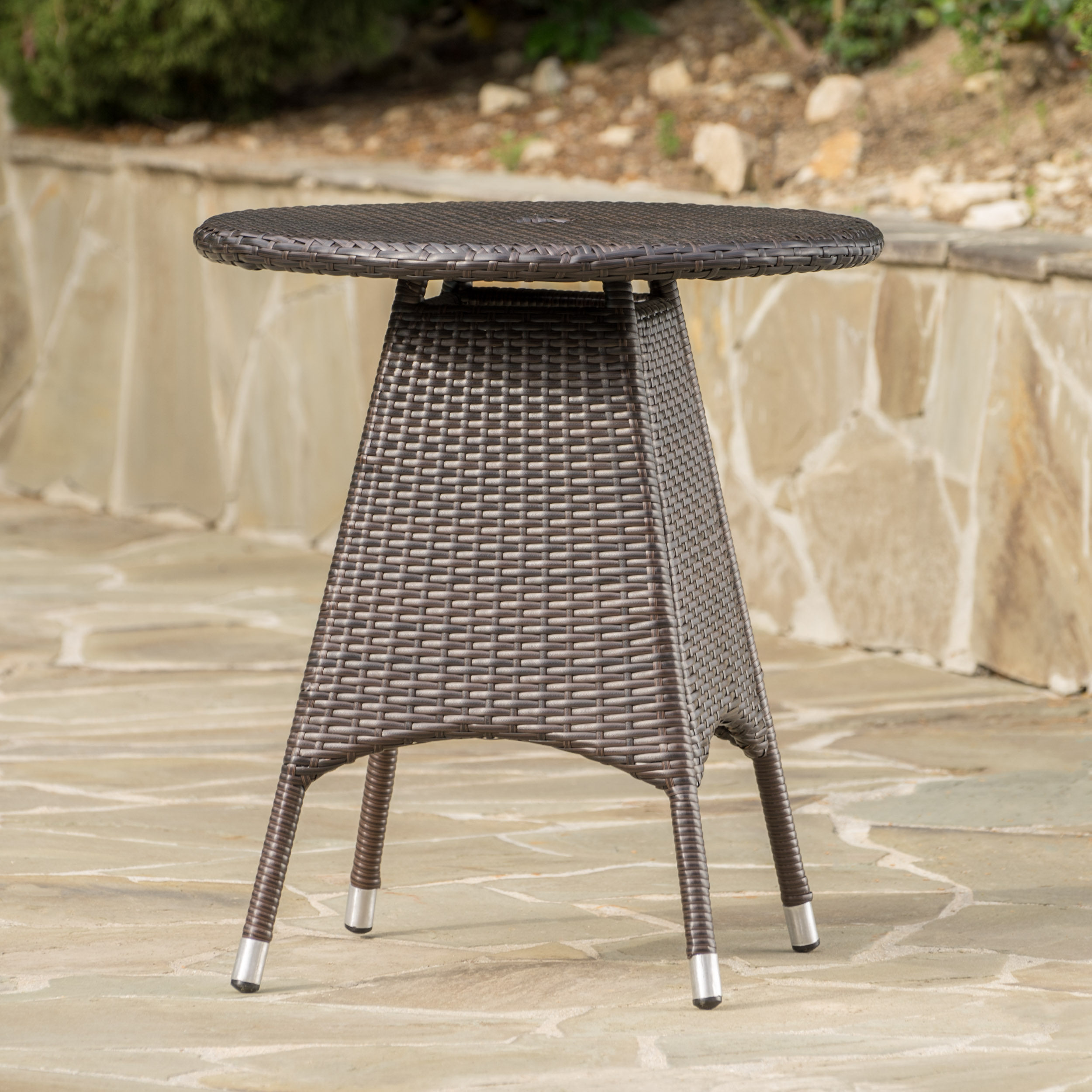 Moda Furnishings MD56313MBRN GIGI Round Wicker Outdoor Coffee Table 25.75-in W x 25.75-in L with Umbrella Hole