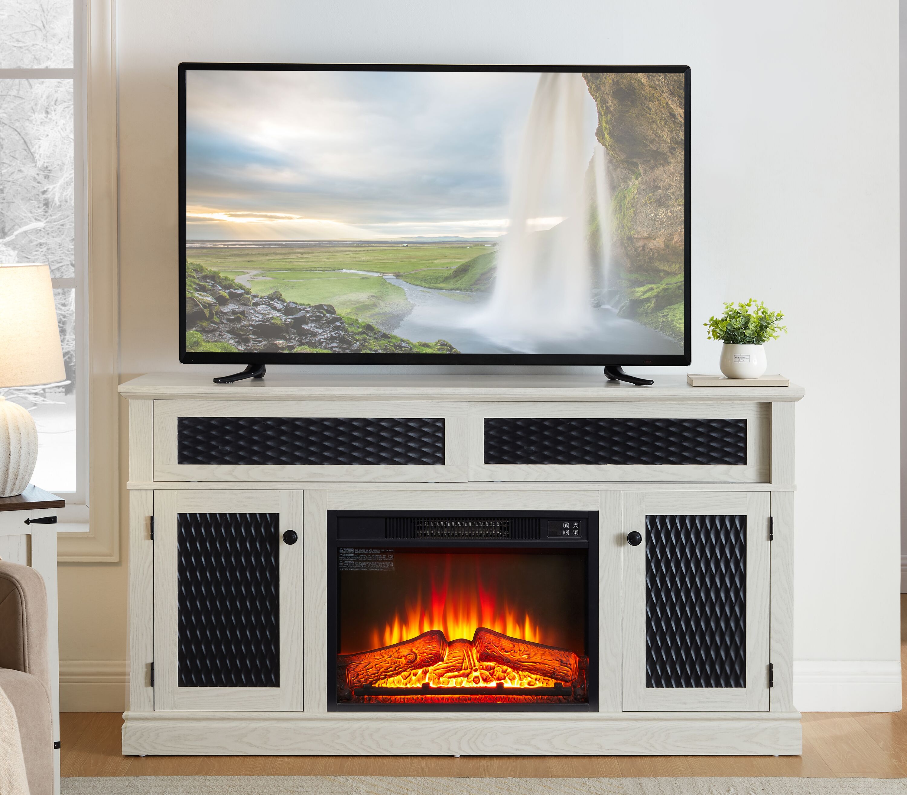LOVMOR SF-L-W1758S00036 58 inch Embossed Pattern TV Stand with 23 inch fireplace insert in White