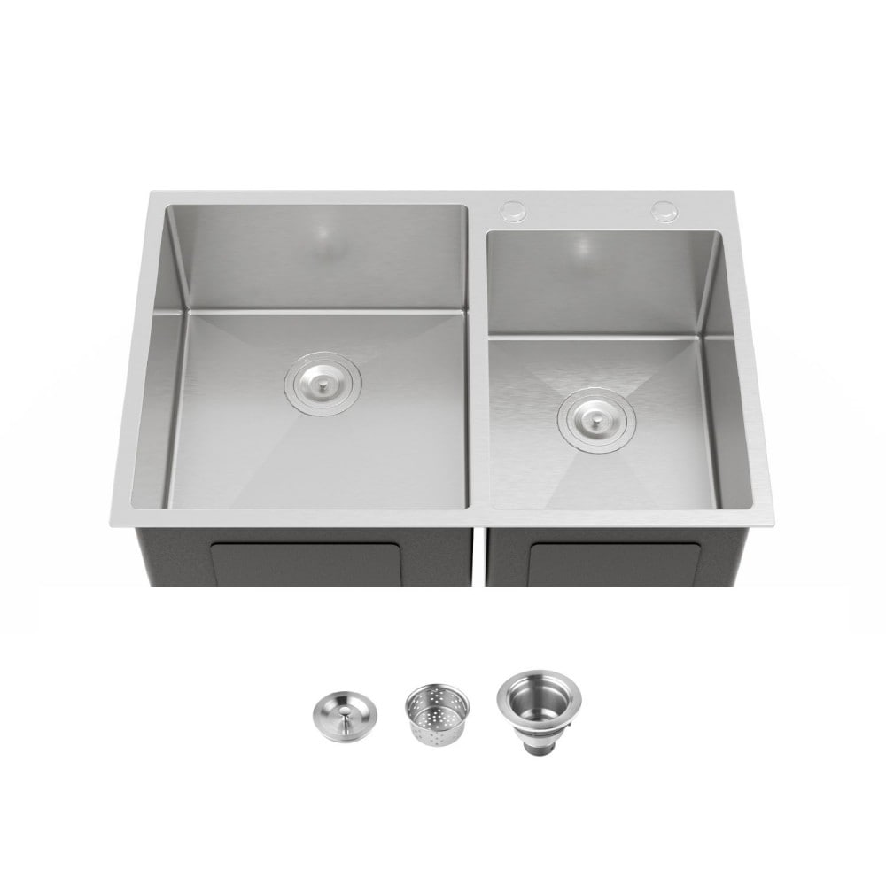 Taoi Fxio 33 x 19 Inch Handmade Overmount Embedded Double Bowl Kitchen Sink Brushed 20 Gauge 304 Stainless Steel Sink Only #D01027HB99P