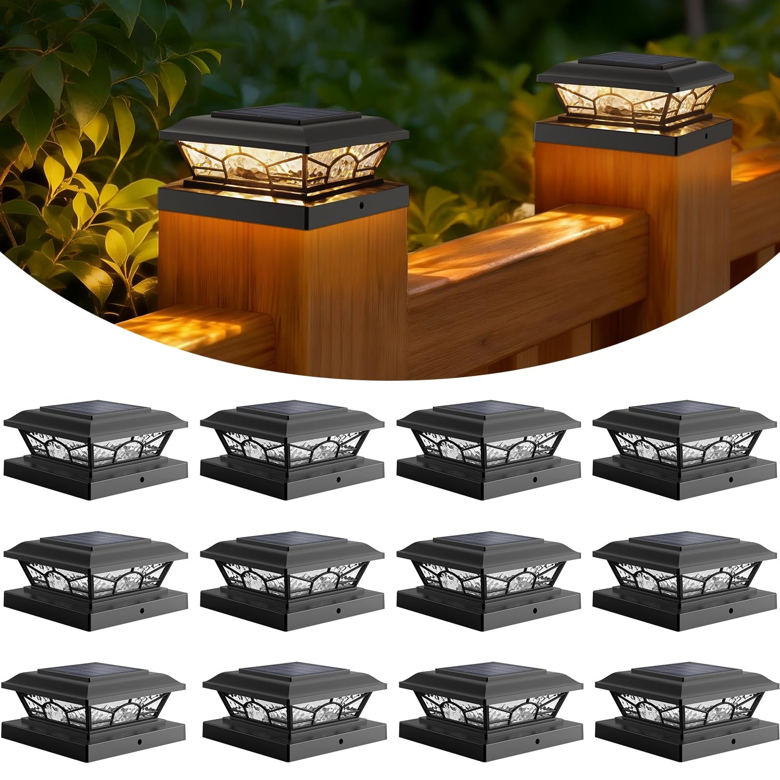 Oyezvary  12 Pack 4x4 Inch and 3.5x3.5 Inch Solar Fence Post Cap Lights Outdoor Waterproof Two Color Modes Black for Vinyl and Wooden Deck Patio Porch
