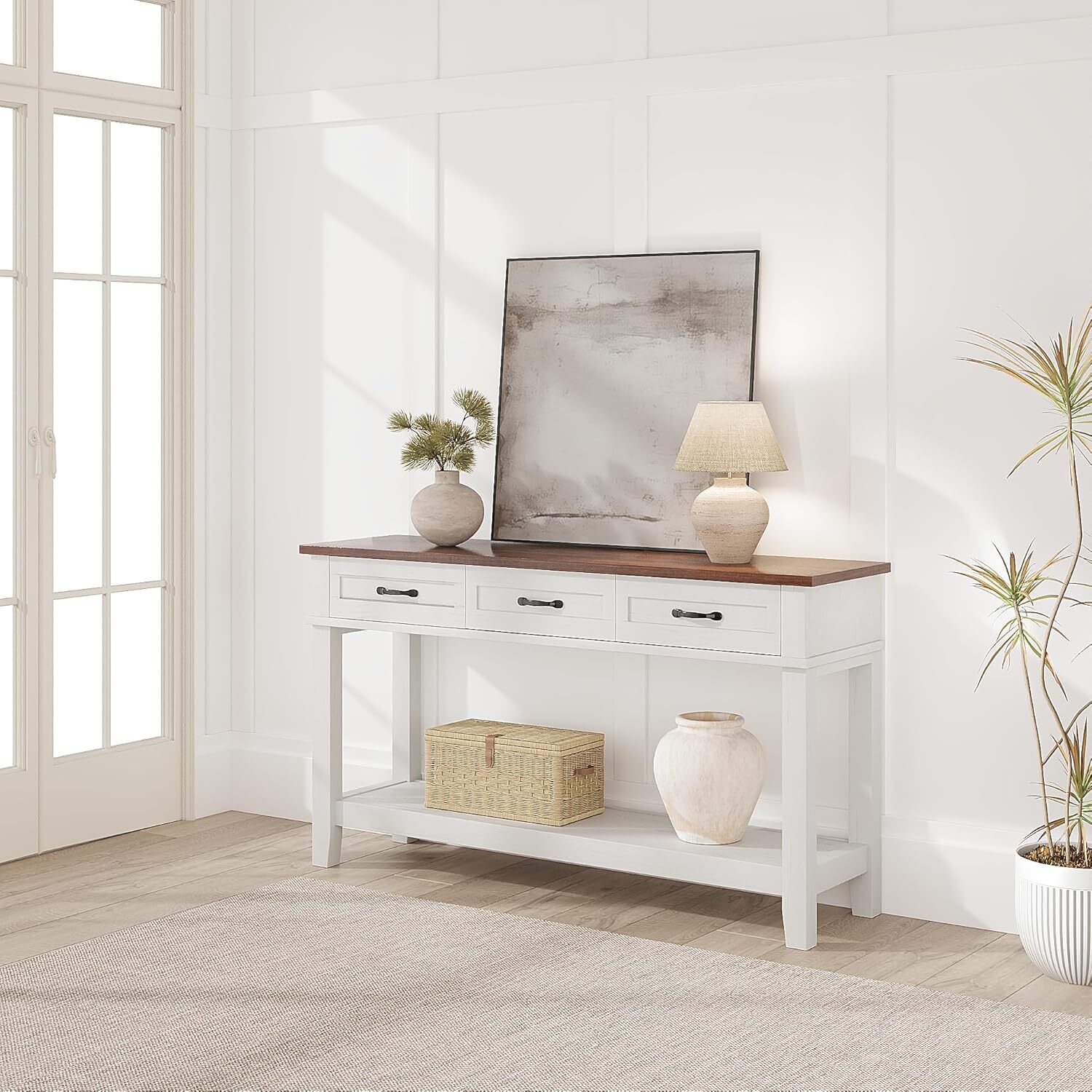 家具 PROX 5000 Qeetex Console Table with 3 Drawers Shelf 2Tier Farmhouse Sofa