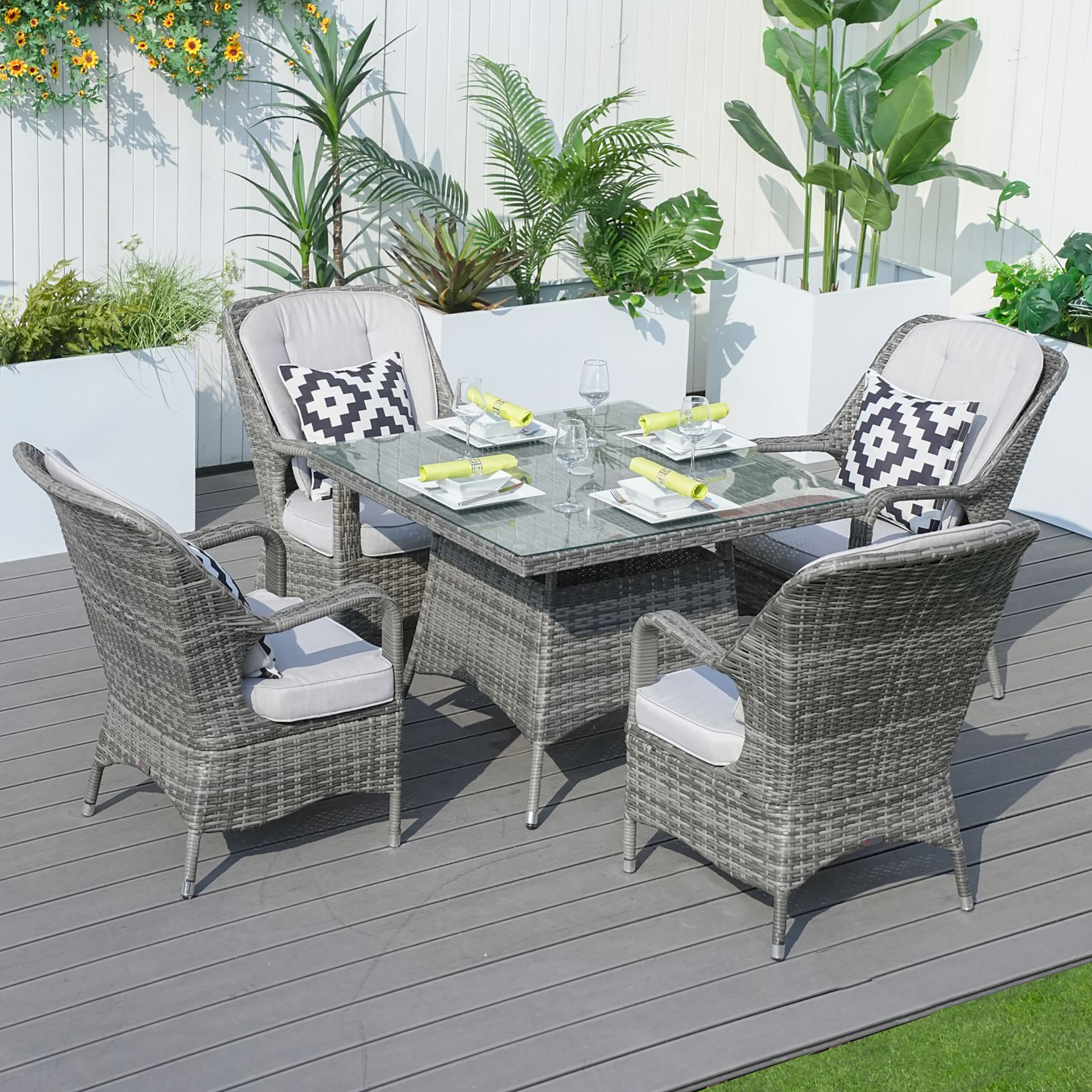 Moda Furnishings MPAD-1710-GR 5 -Piece Gray Wicker Patio Dining Set Wicker Square Table with 4 Beige Cushions Stationary Chairs