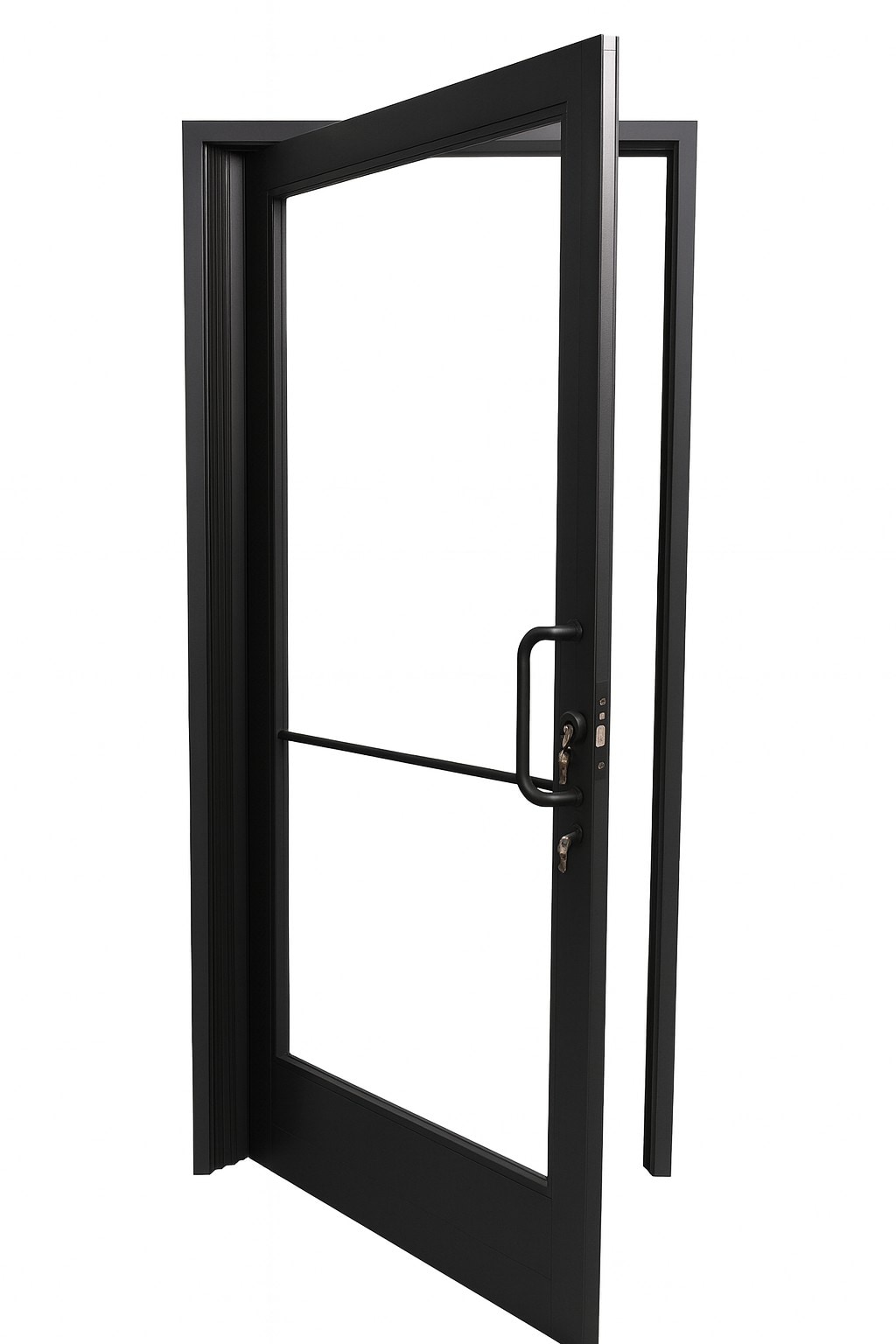 TEZA DOORS 60 Series 36-in x 81-in Black Aluminum Left-hand outswing Recessed or Surface Mount Tempered Glass Security Door with Handle Included #SF603684LHB
