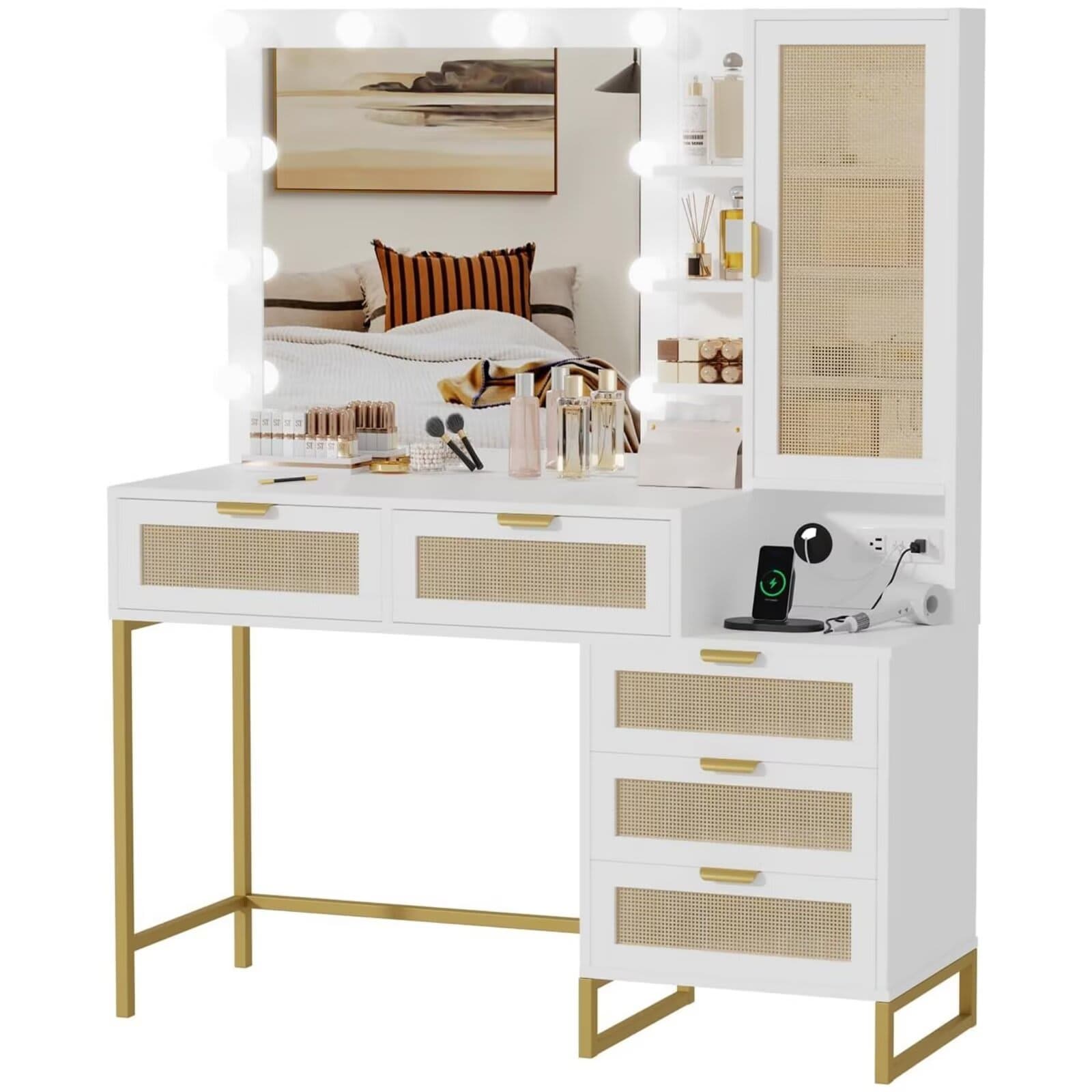 Qeetex JXNAG-PHO-12MDOZ7S Vanity Mirror with Lights and Table and Power Outlet Makeup Vanity Table with 12 Bulbs 5 Drawer and Cabinet 3 Ligthing Color Vanity Desk with Mirror and Lights-Rattan