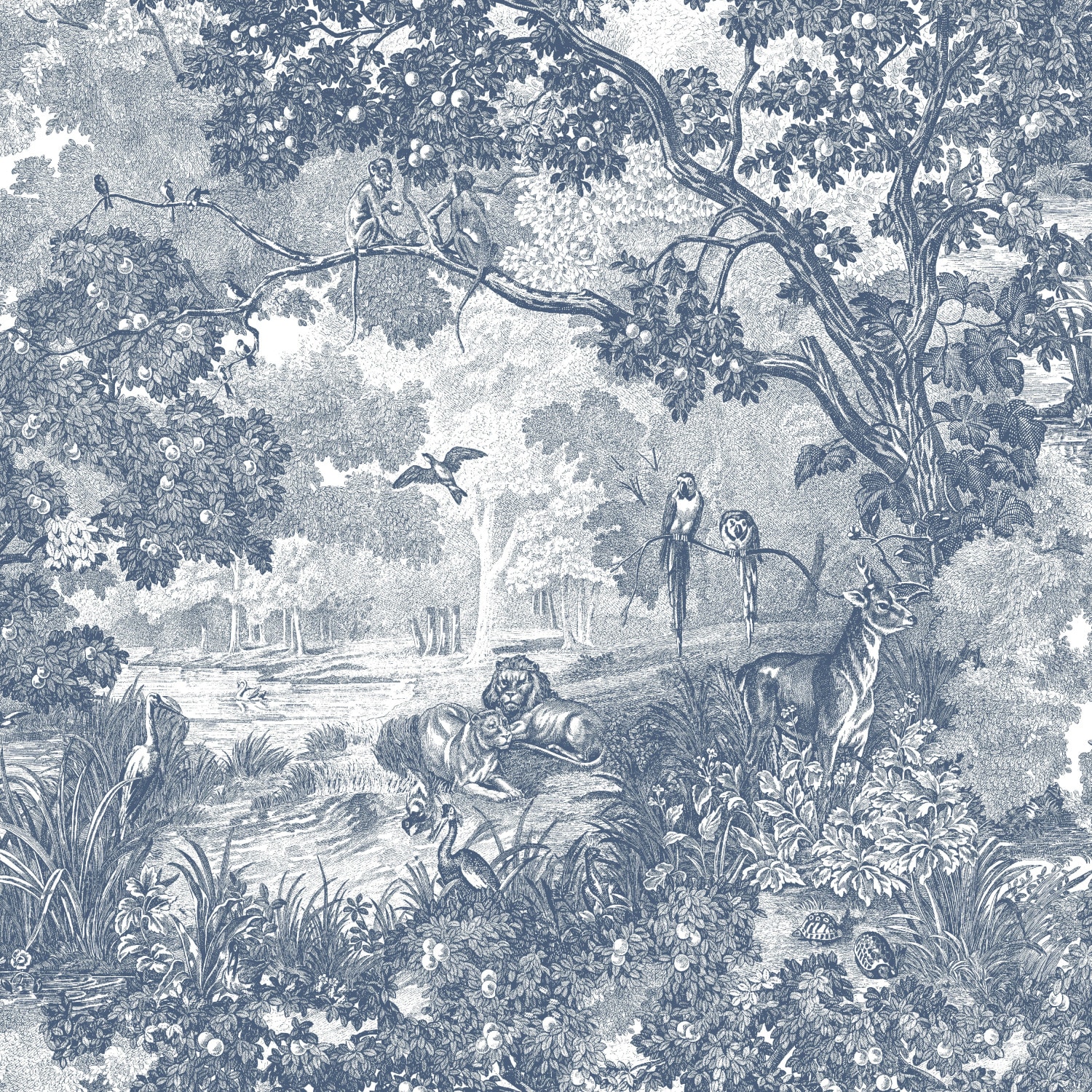 Blue and Gray Jungle Toile Peel and Stick Wallpaper Roll