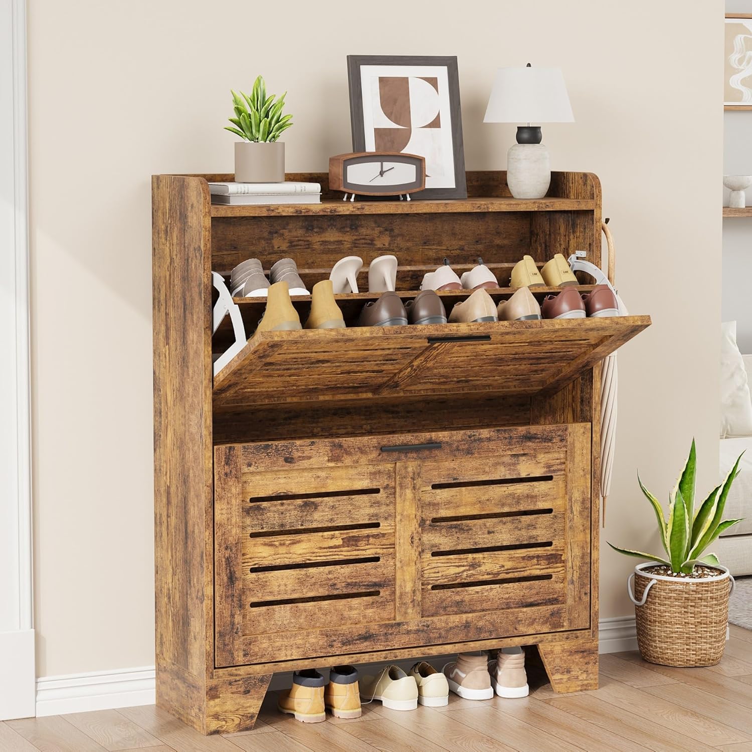 Garvee Brown Narrow Shoe Storage Cabinet with 2 Flip Drawers and Hooks/ Slim Freestanding Entryway Hidden Organizer #H0W-VV98456