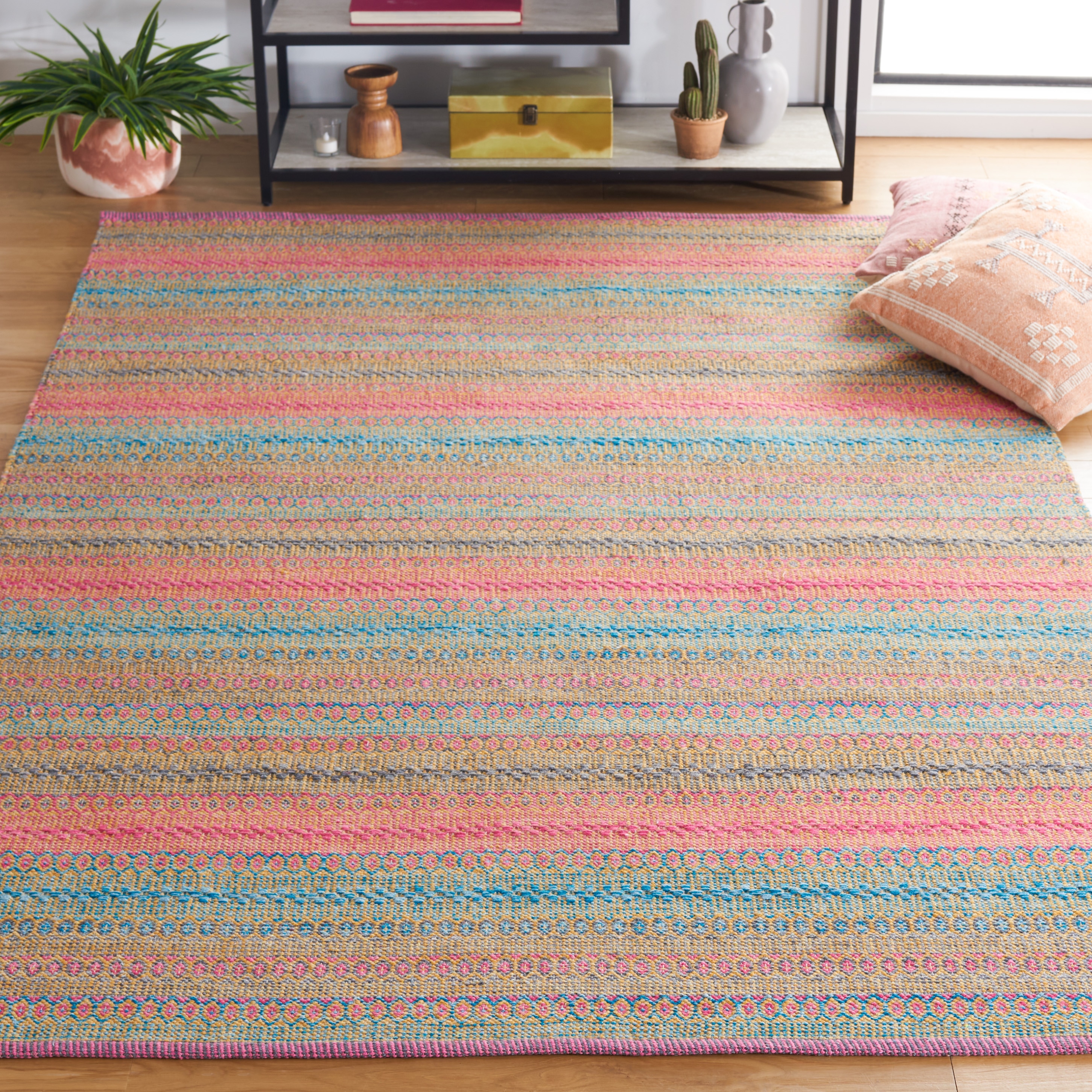 Kilim 475 Pink/Blue Bohemian 4Ft x 6Ft Small Rectangle Rug