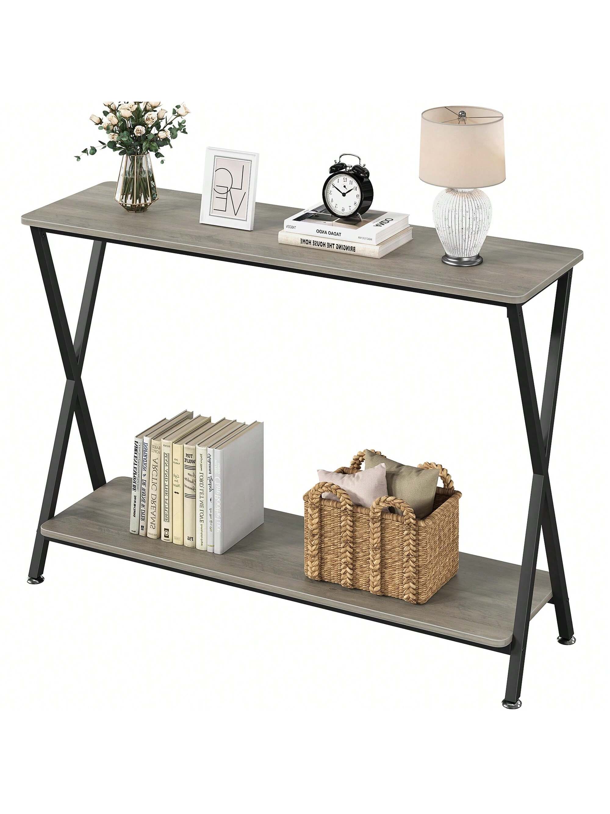Qeetex PHO-0XW1A0XA-HF4 Console Shelf. Narrow Console Table. Sofa Table. Narrow Long Table Behind Sofa. 2 Tier Industrial Style Entryway Table For Living Room. Hallway. Foyer