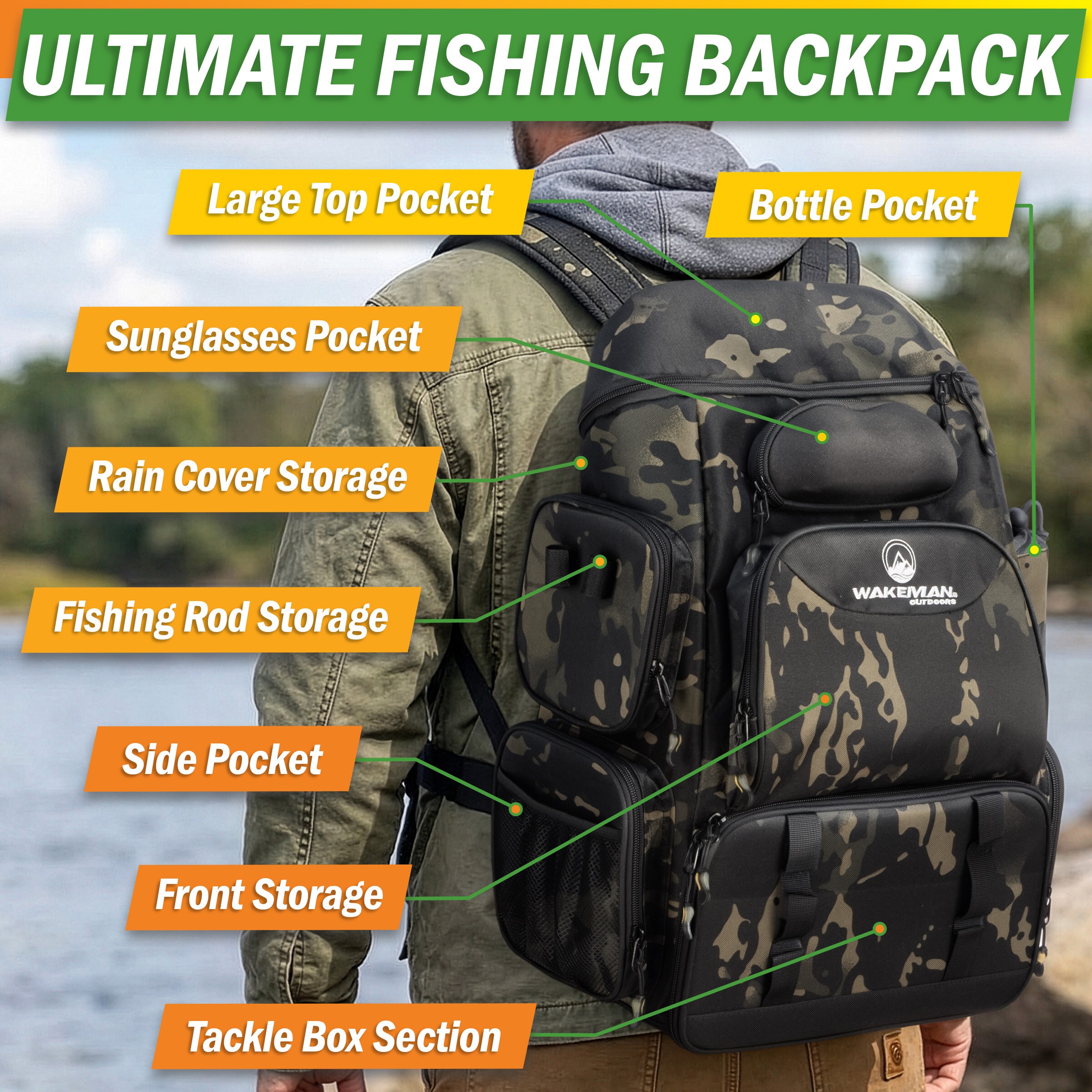 camo tackle box backpack Wakeman Outdoors Water-Resistant Tactical Fishing Backpack with Tackle  Boxes (Camo Black)
