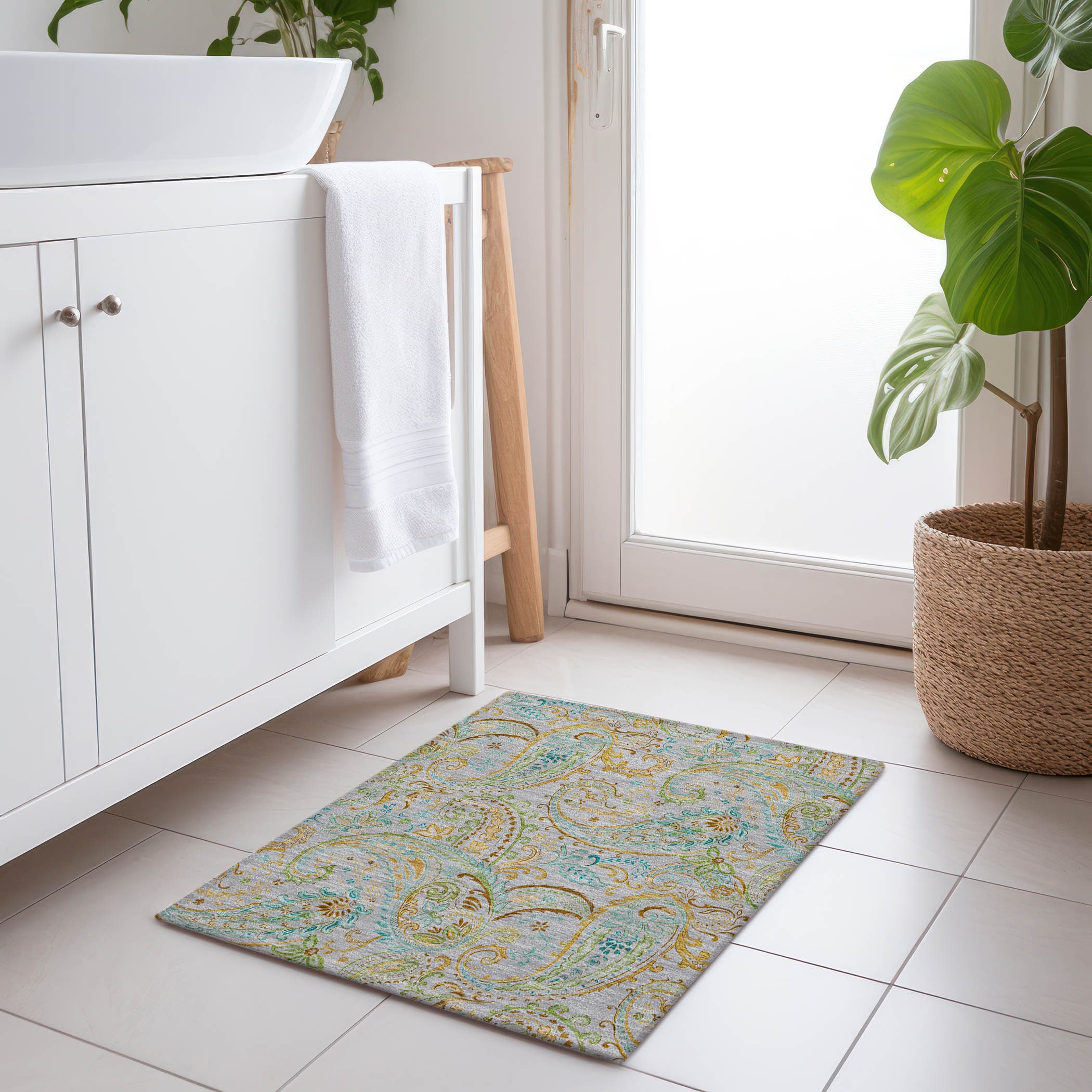 Gray and Gold Paisley Washable Synthetic Area Rug
