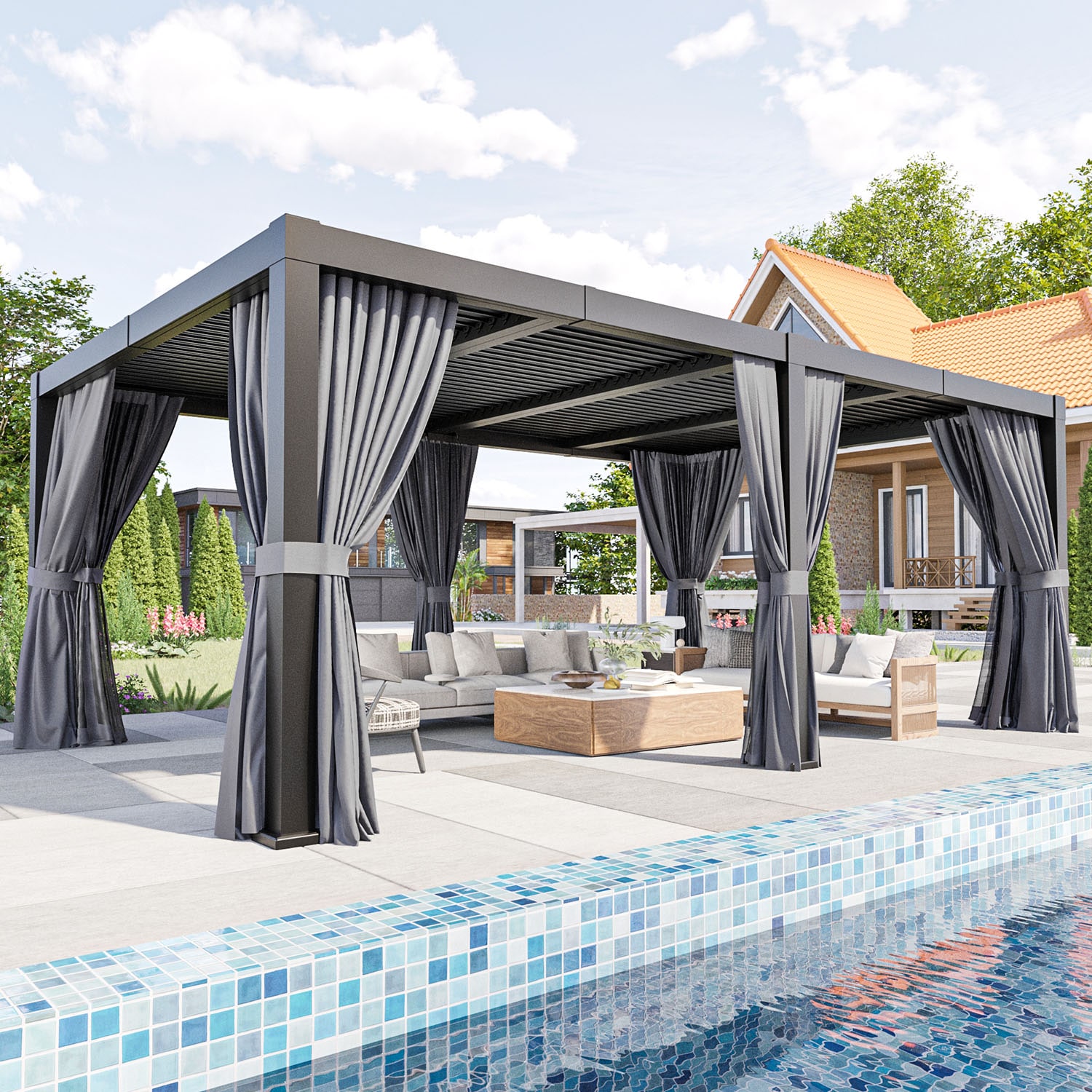 Bapipro BPTS302L56 Pergola 20-ft W x 12-ft L x 7-ft 3-in H Gray Metal Freestanding Pergola with Canopy
