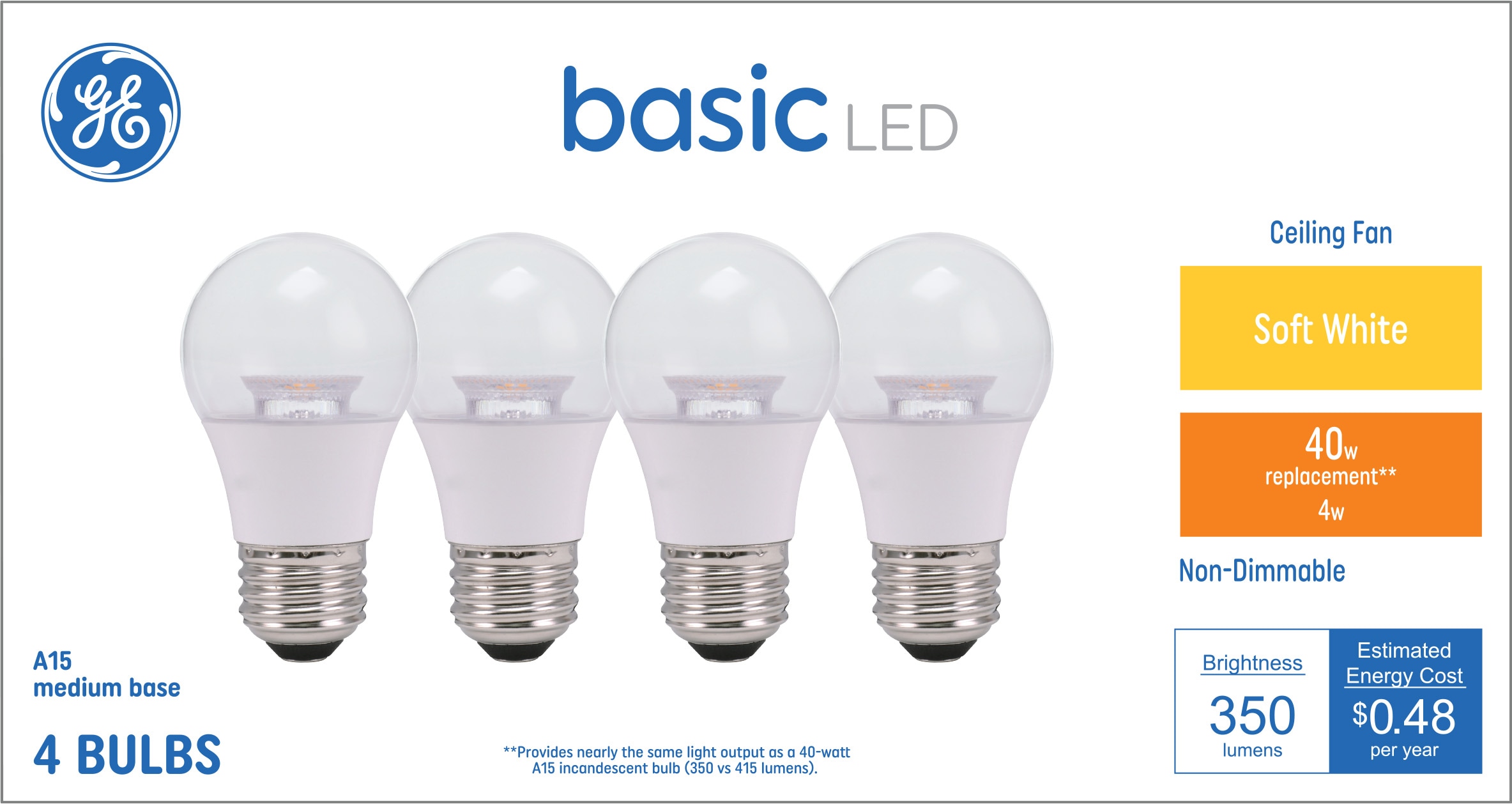 Broer gewoontjes kant GE Basic 40-Watt EQ A15 Warm White Medium Base (e-26) LED Light Bulb  (4-Pack) at Lowes.com