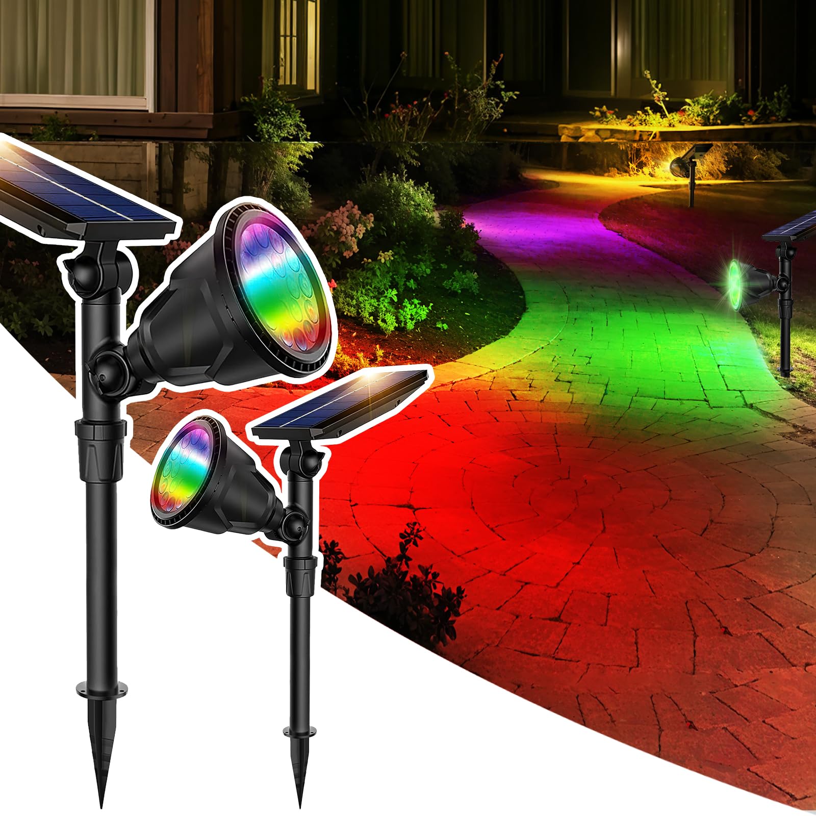 UUDULY  Solar Spot Light Outdoor Color Changing Landscape Uplighting with Nine Lighting Modes Waterproof Yard Lawn Tree Decoration