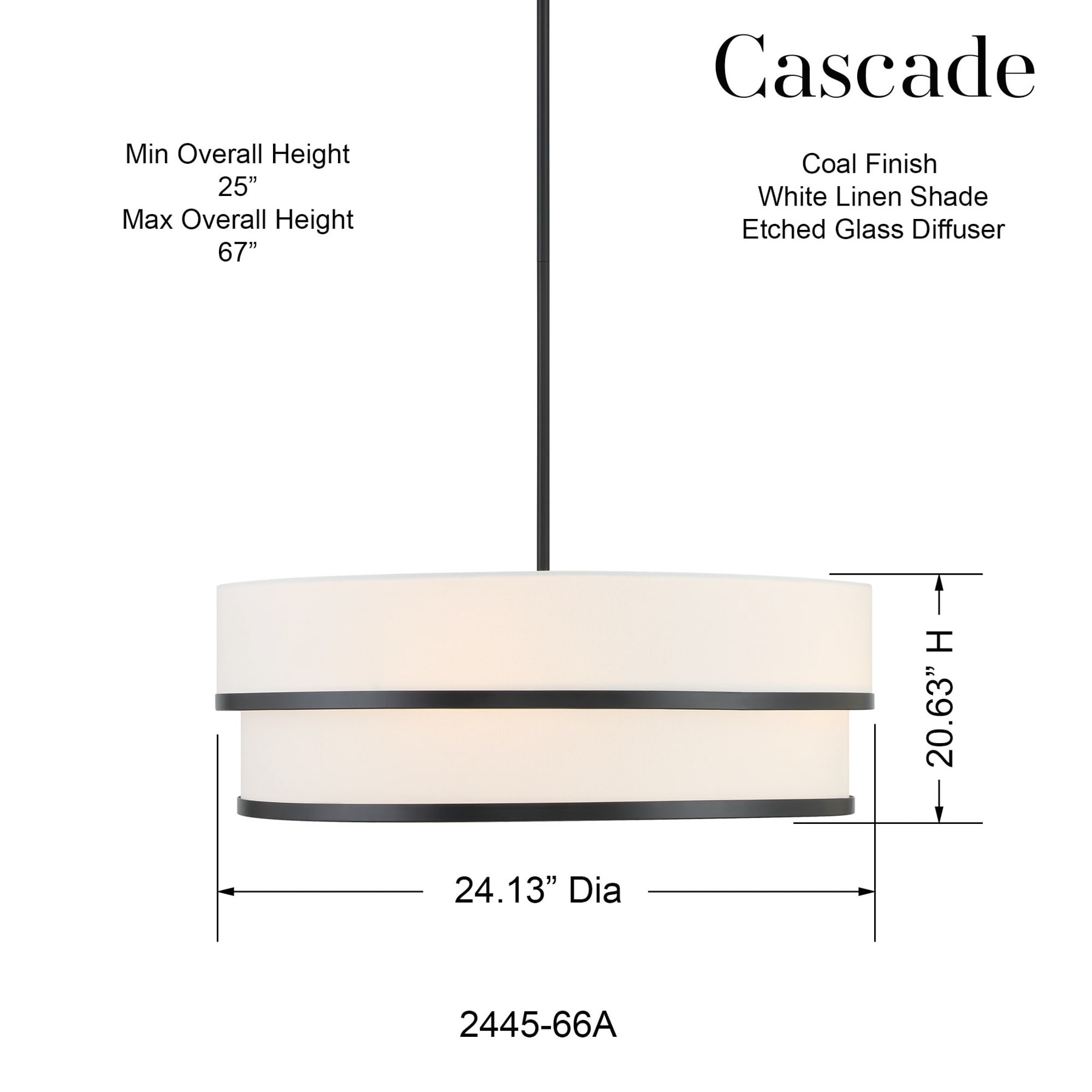 Coal Black Glass Drum Pendant Light with White Linen Shade