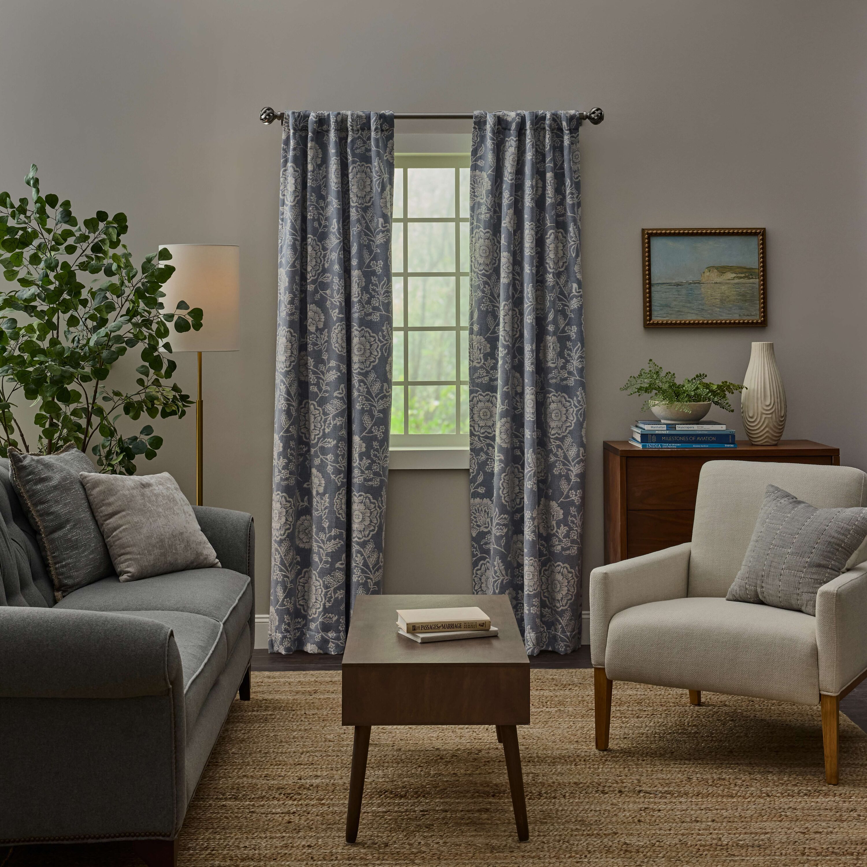 allen + roth 36024 84-in Indigo Floral Room darkening Interlined Back tab Single curtain panel