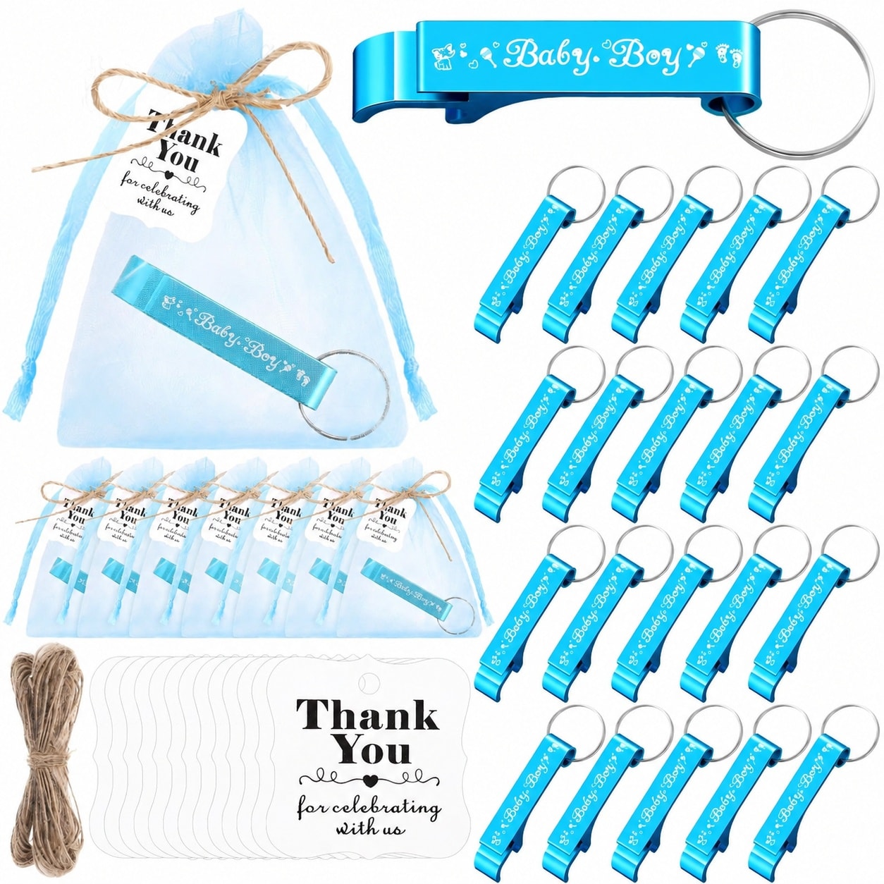 Aoibox  50 Piece Blue Metal Bottle Opener Keychain Set with Thank You Tags and Organza Bags for Baby Shower Favors