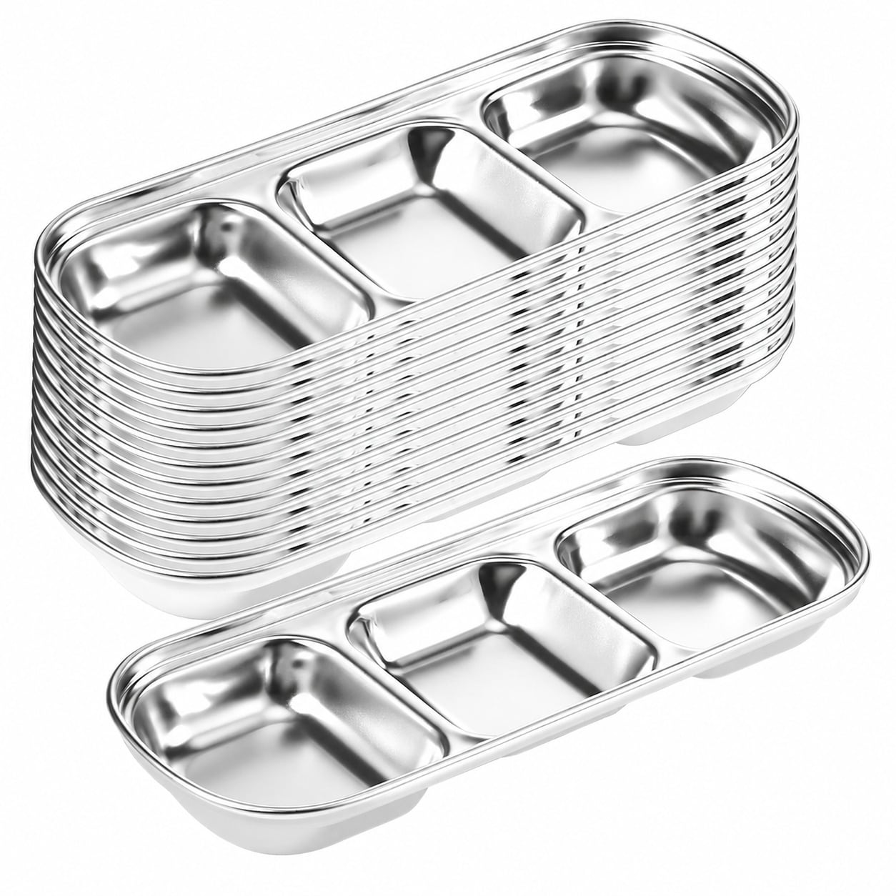 Aoibox  12 Pack Stainless Steel 3 Compartment Dipping Sauce Dish 8 07 x 3 15 in for Korean BBQ and Home Use