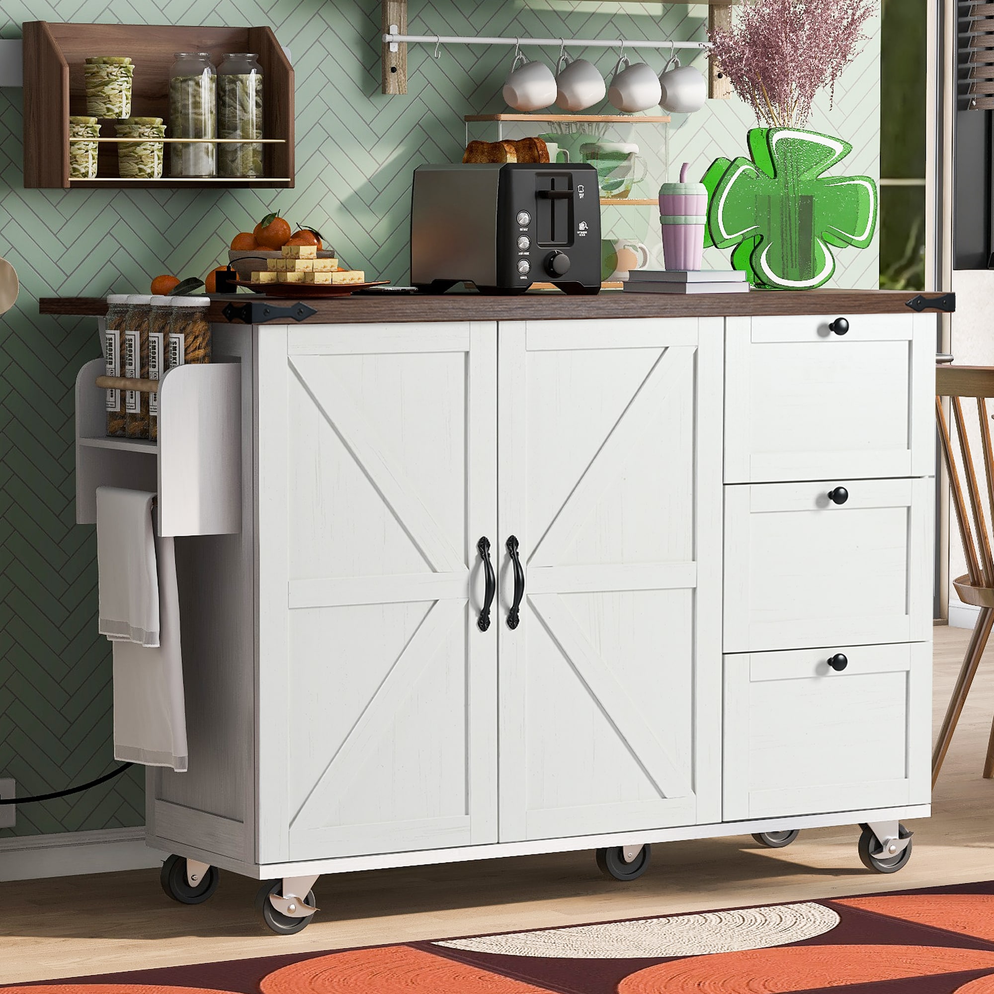Mondawe MO-KS0349W Black MDF Base with MDF Wood Top Rolling Kitchen Island ( 28.75-in x 54.5-in x 36.5-in )