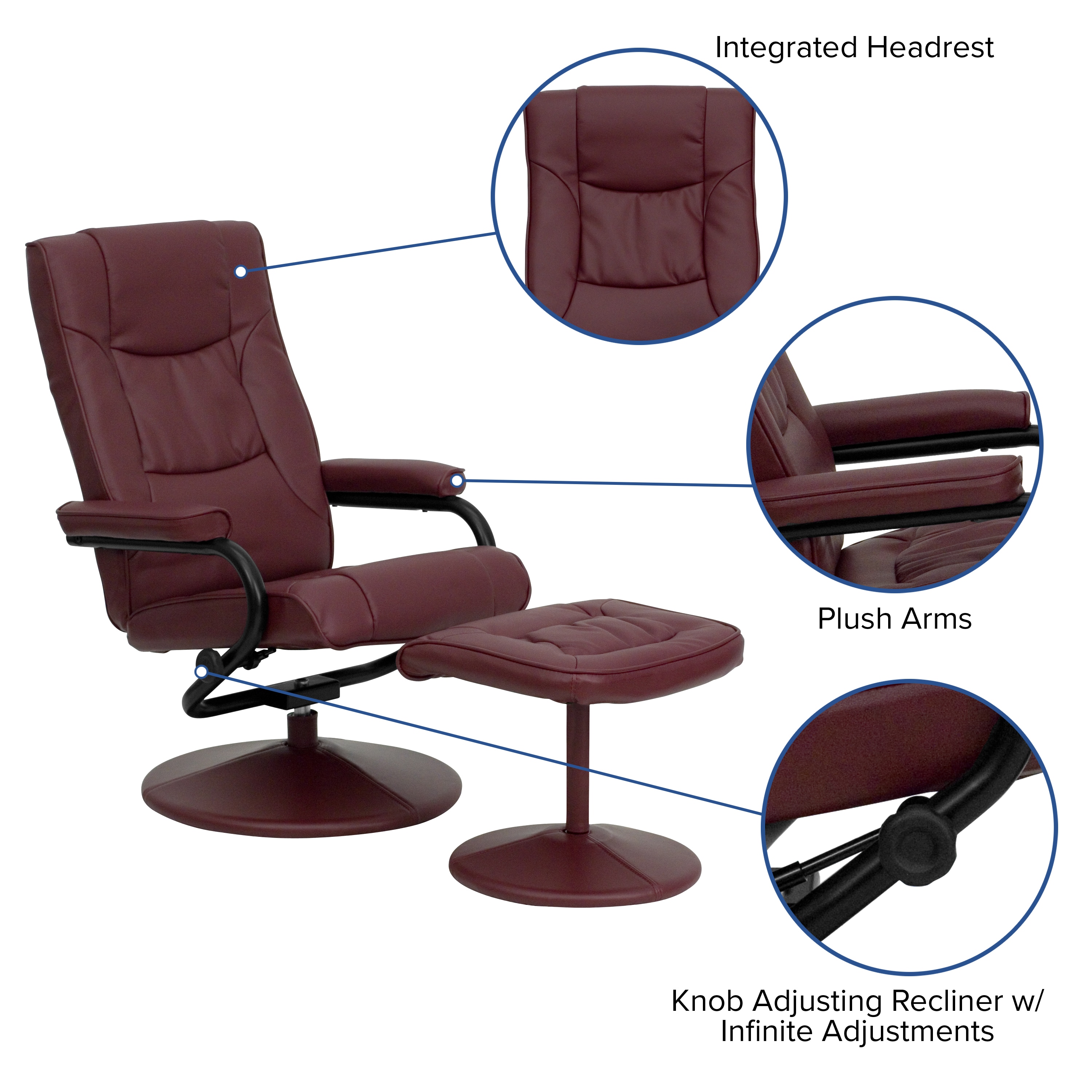 Eco-Friendly Burgundy Leather Swivel Recliner with Ottoman